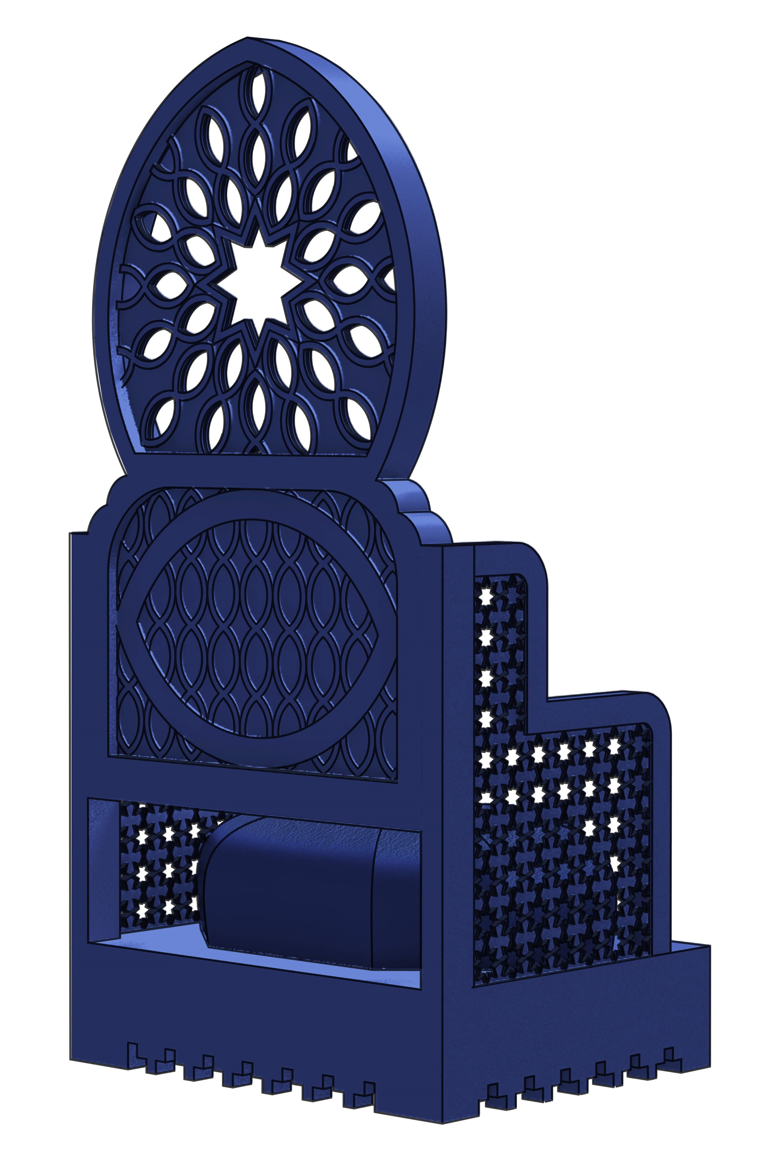 Blue ornate wooden or metal chair with intricate geometric cutouts and star-shaped patterns.