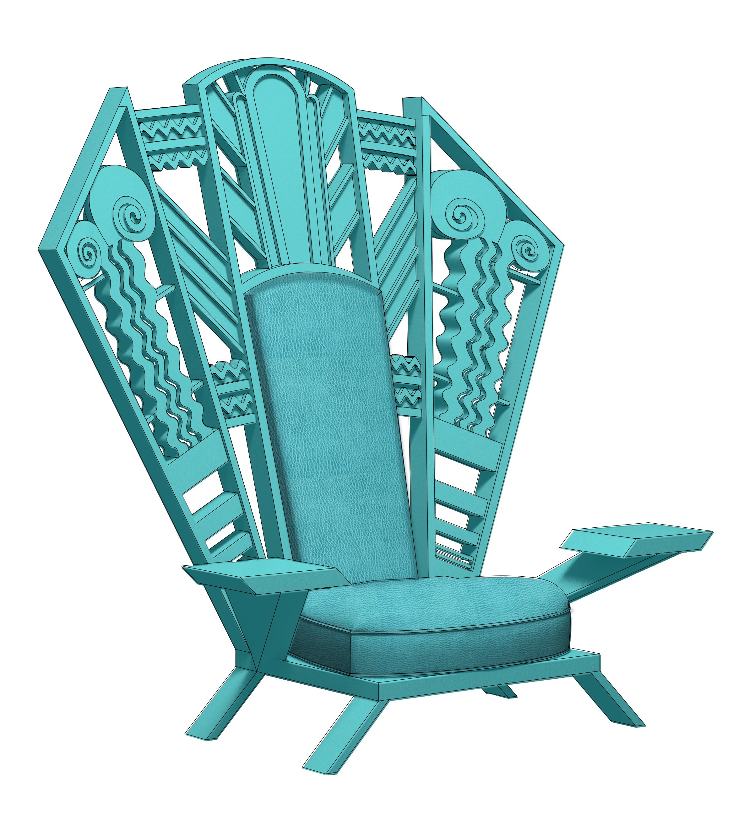 A digital rendering of an ornate throne with a high backrest, decorative scrollwork, and cushioned seat, all in teal color.