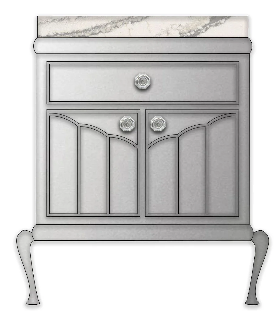 Illustration of a vintage dresser with marble top, ornate curved legs, and decorative doors and drawers.