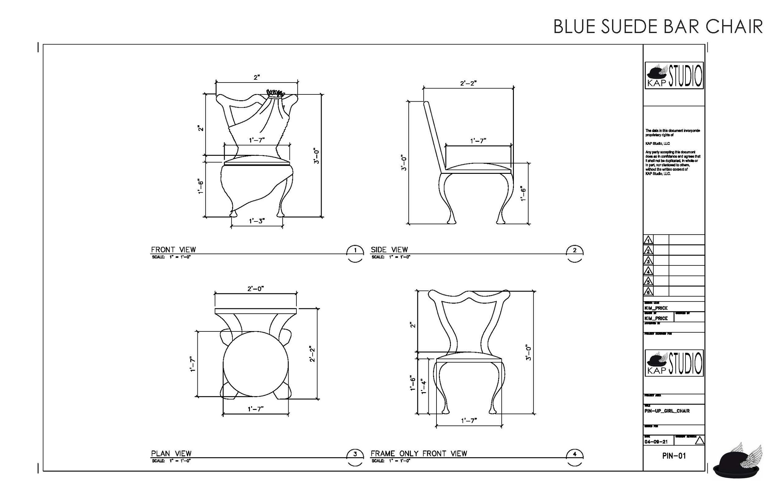 Technical drawing of a blue suede bar chair from multiple angles with dimensions.