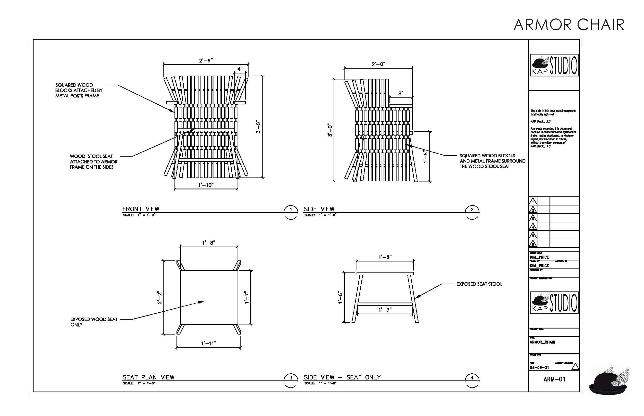 Technical drawing of an armor chair with front and side views, including measurements and details about the wood and metal components.