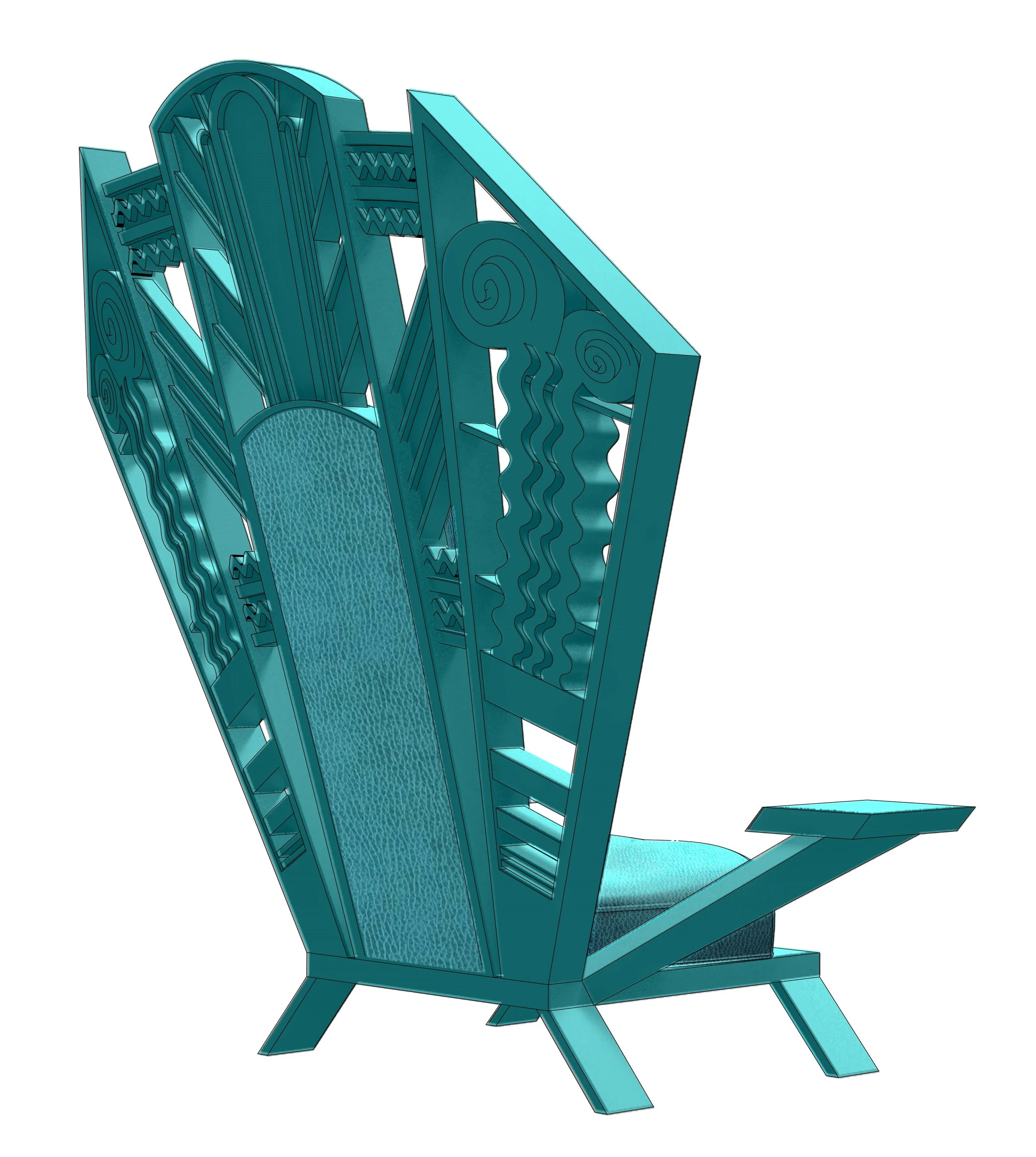 A 3D digital rendering of a modern lounge chair with a high backrest, teal color, decorative cutouts, and angled wooden legs.