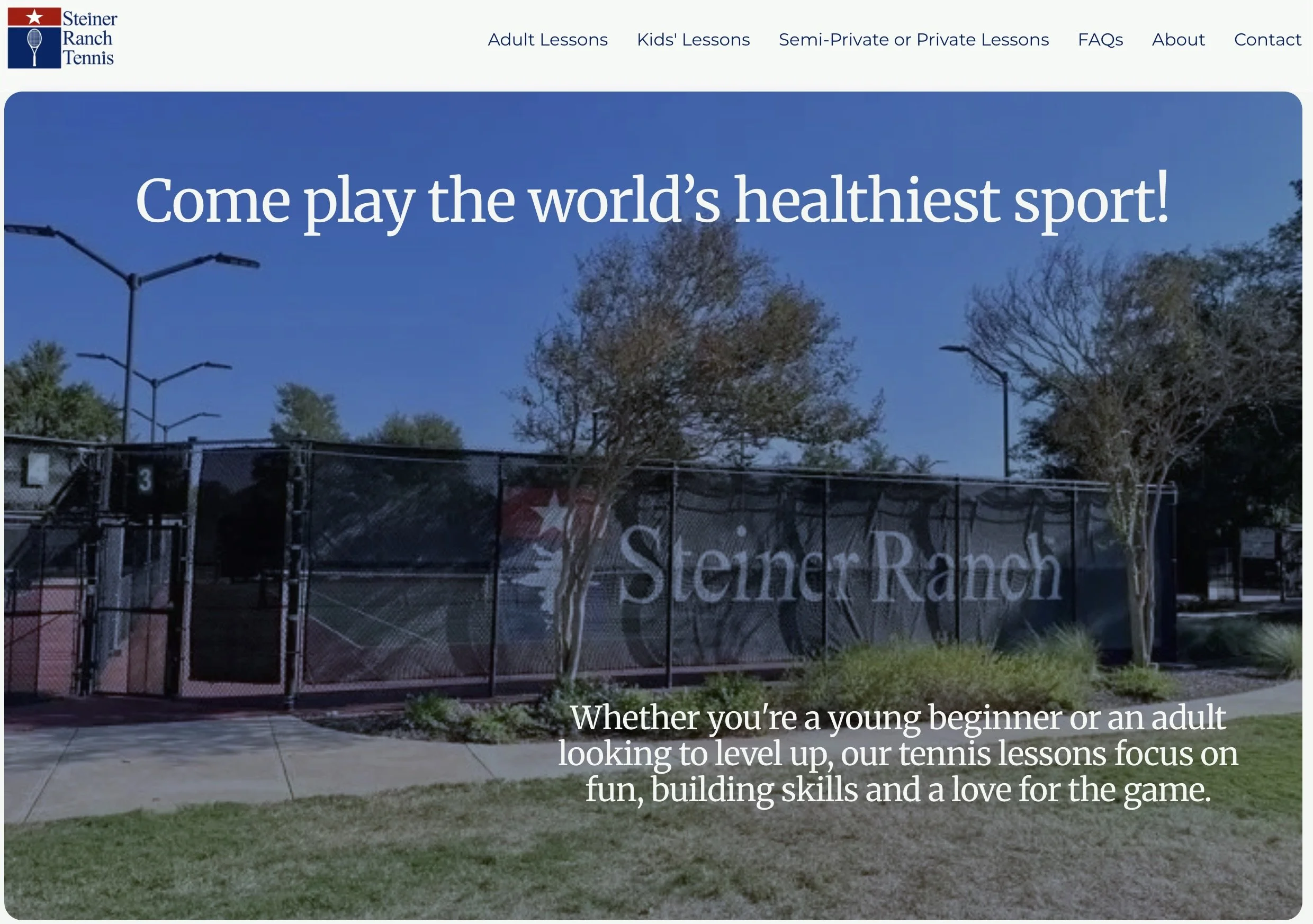 A website for a community small business offering Adult and Junior tennis lessons