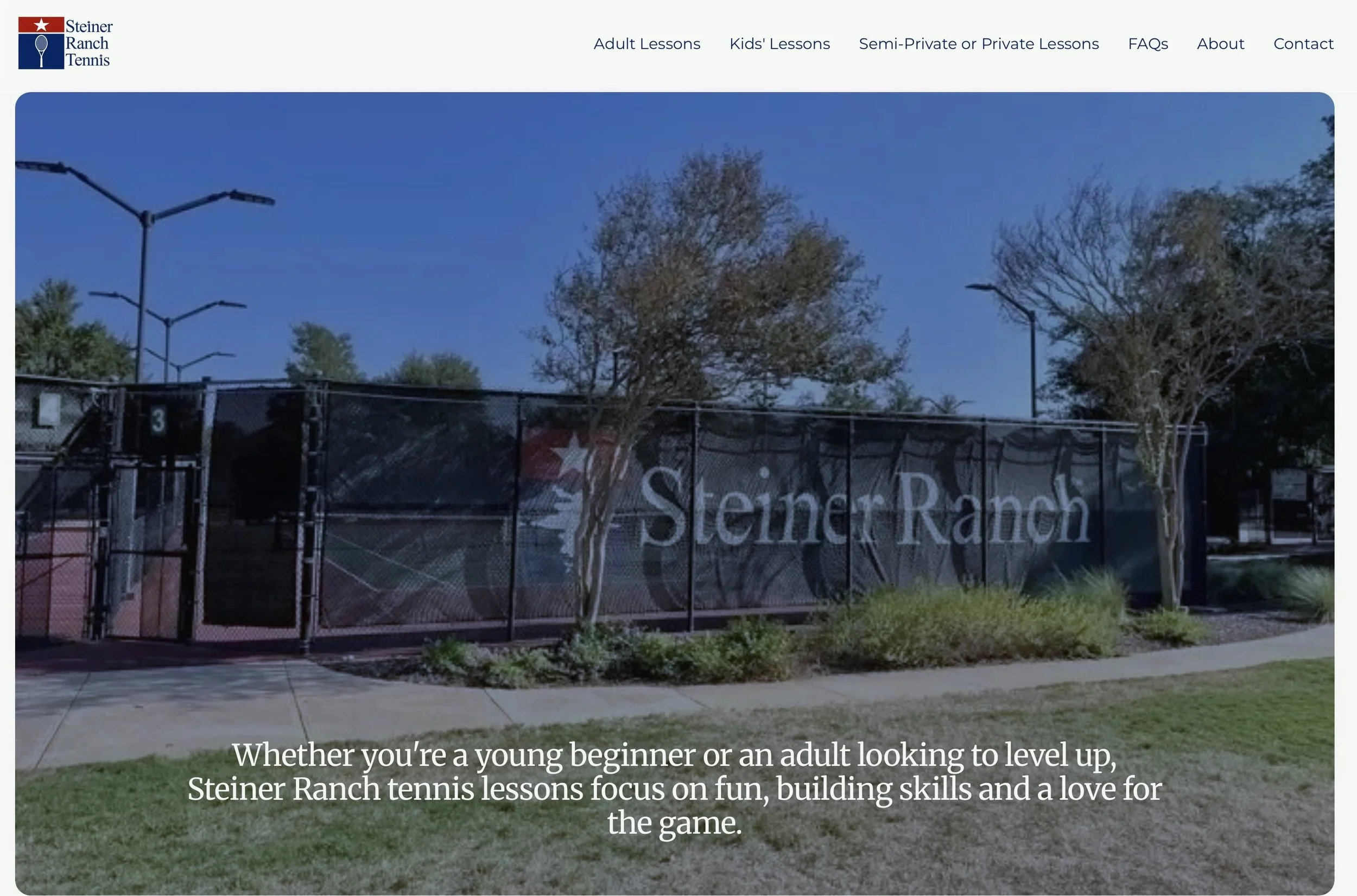 A website for a community small business offering Adult and Junior tennis lessons