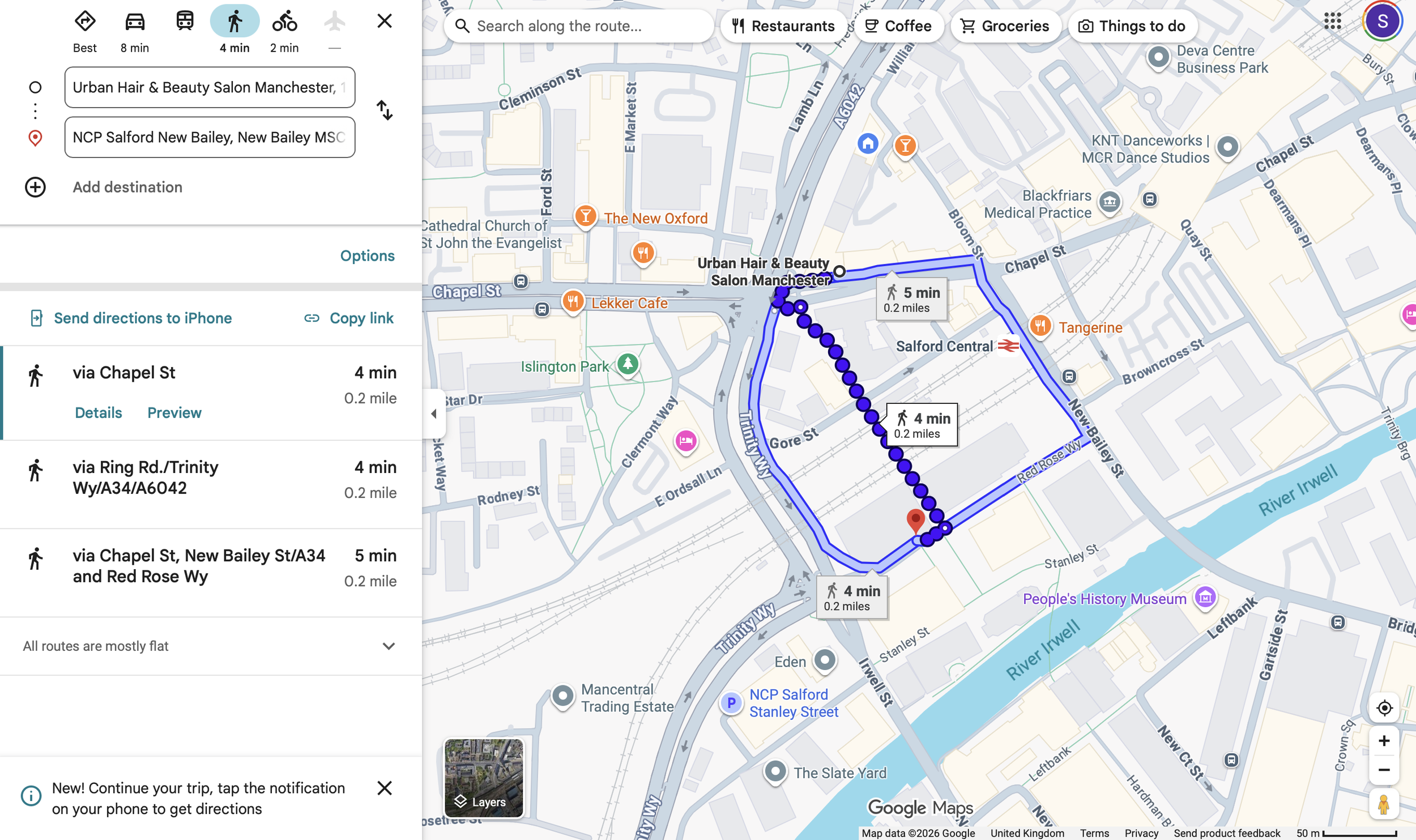 Google Maps screen showing a walking route in Salford, Manchester, with directions along Chapel Street and New Bailey Street, near River Irwell and Salford Central station.