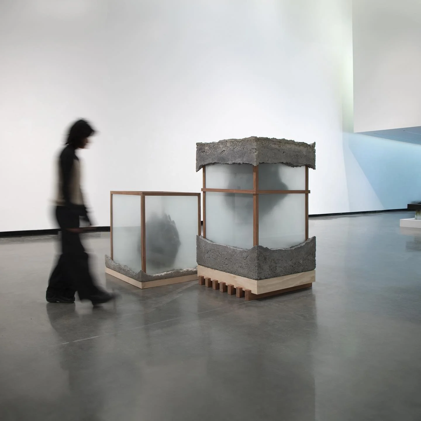 In the Bedrock, Chrysalis II

The cells after mitosis. Layers of protection that hold the human vessel. The ego, mind, and internal that had once shared a body are now split. 

Modular piece with sheet glass, ceramic, cement, steel,  sapele, and pine