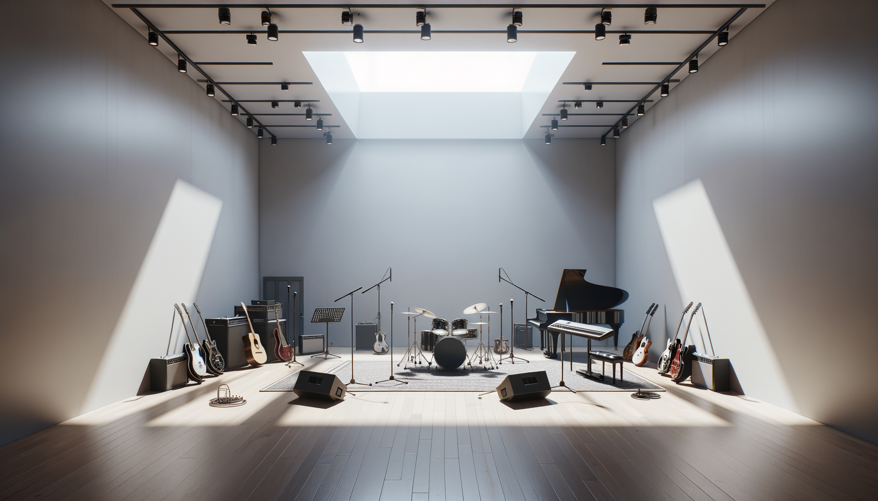Empty music studio with various guitars, drums, keyboard, and microphone stands, illuminated by natural light from a large skylight.