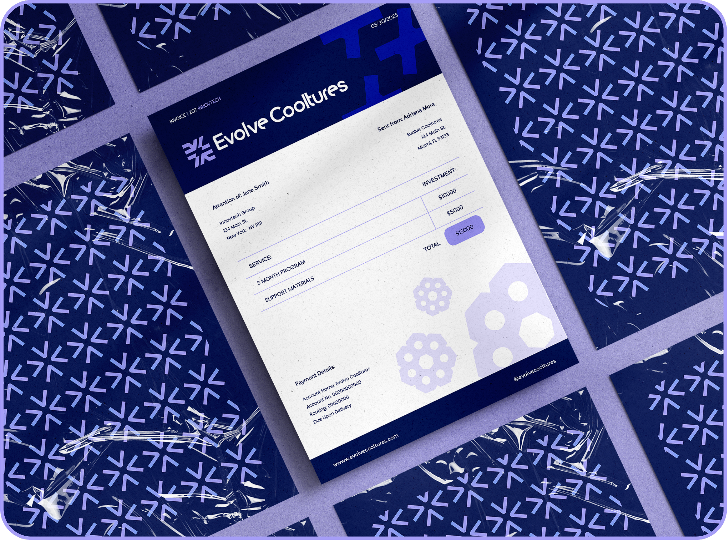 An invoice from Evolve Cooltures displayed on a table with a patterned blue background.