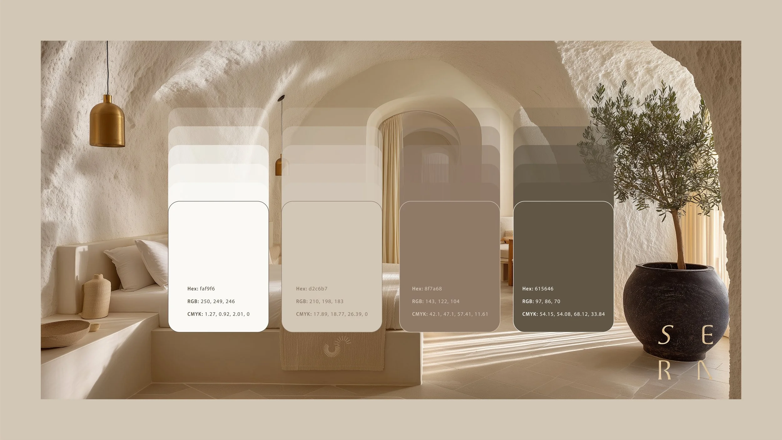 Interior of a minimalist room with white textured walls and arched ceiling, featuring a white sofa, hanging pendant lights, a potted tree, and a color palette overlay with four color swatches and their hex, RGB, and CMYK codes.