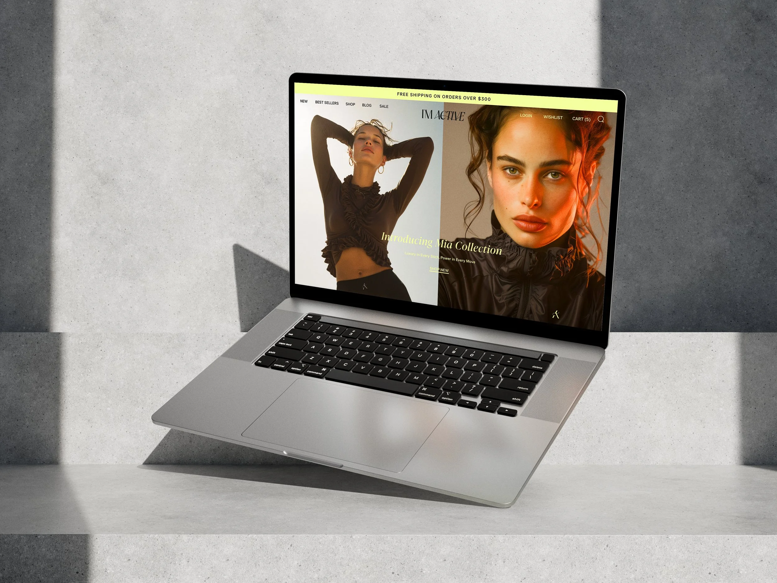 Open laptop displaying a fashion website with images of two women, one on the left with her arms raised and the other on the right with curly hair, on a gray and textured background.