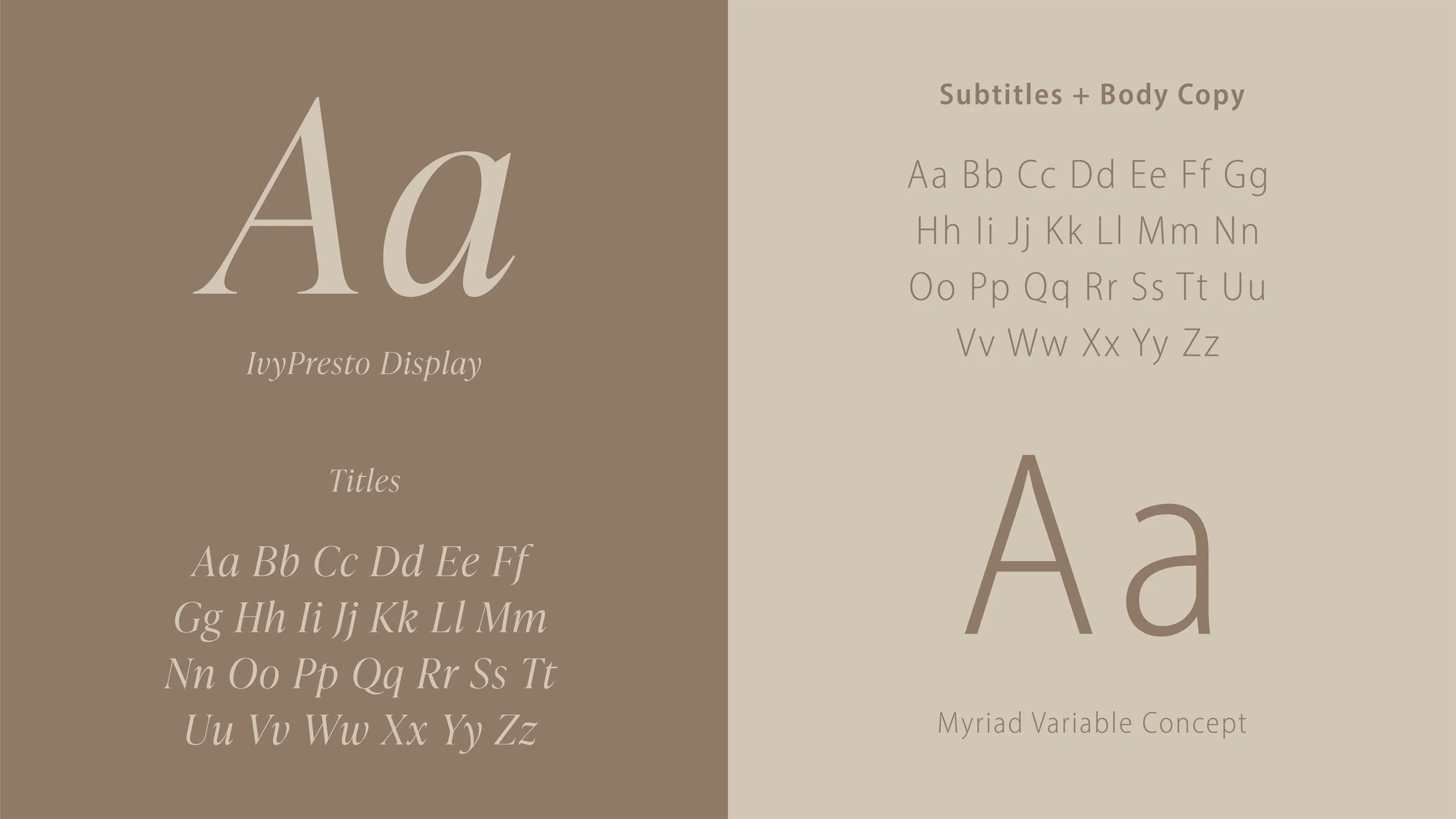 Design showing font names, alphabet letters in different styles, and text samples for various typefaces with background color in shades of beige and brown.