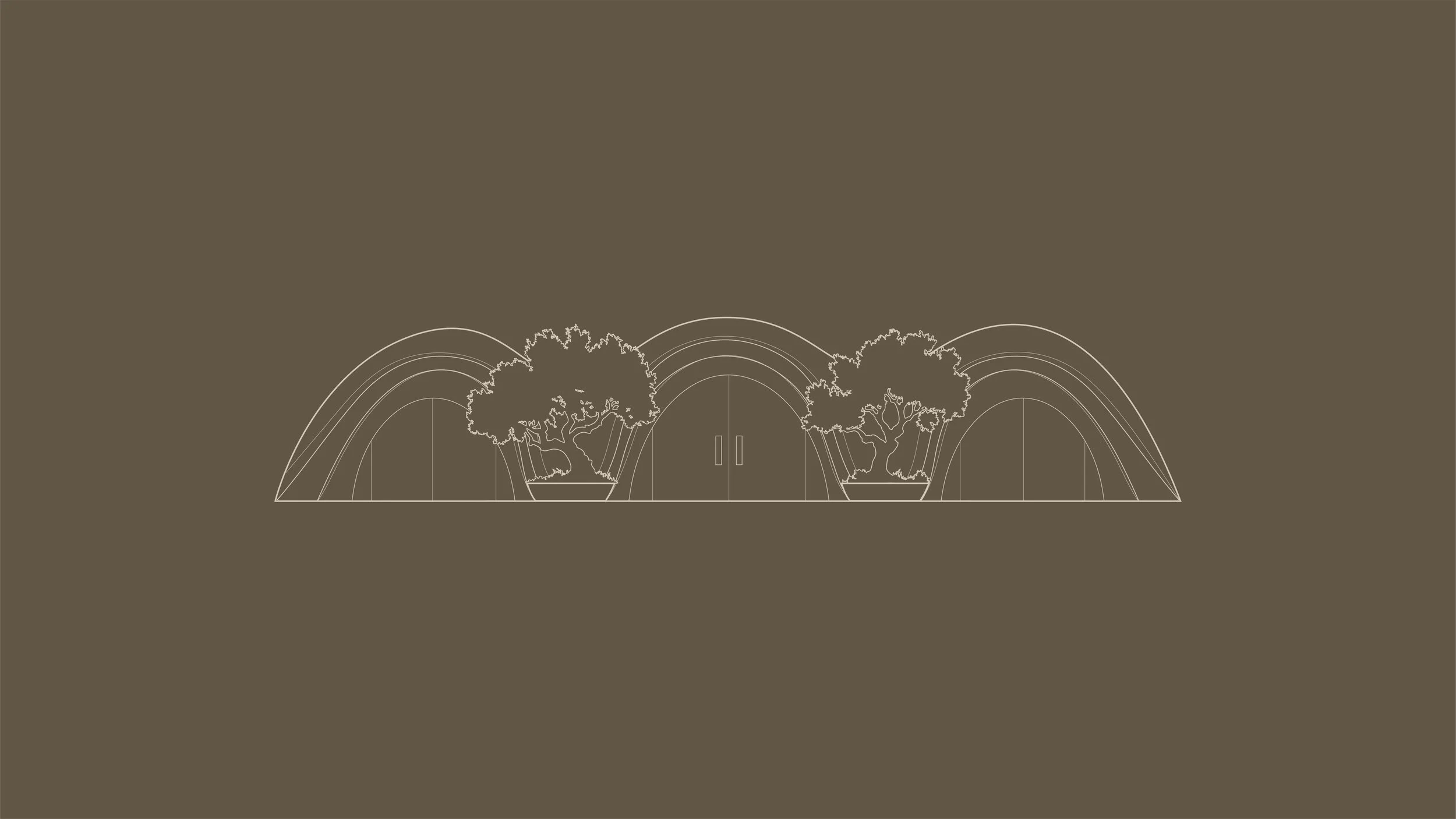 Line drawing of the hotel's architecture with two trees on either side, and rainbows layered over the tent and trees, on a brown background.