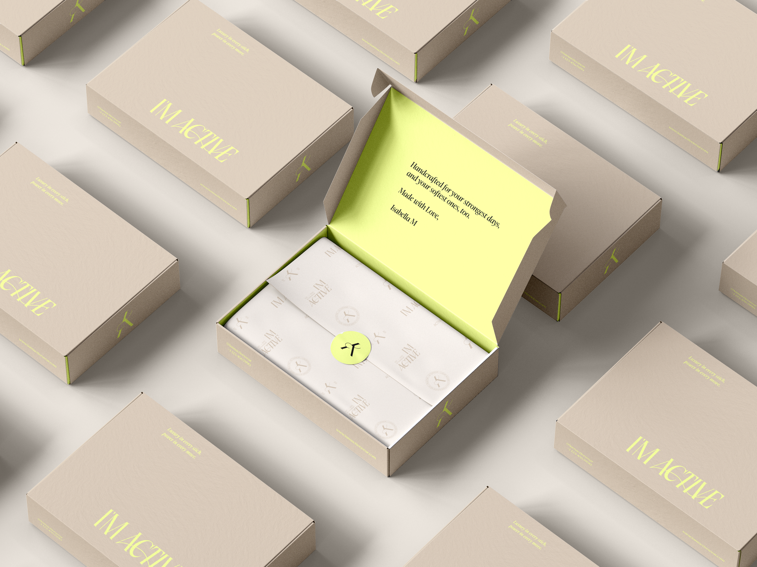 Open beige gift box with lime green interior, surrounded by closed beige boxes with lime green text that reads 'I'm Active'.