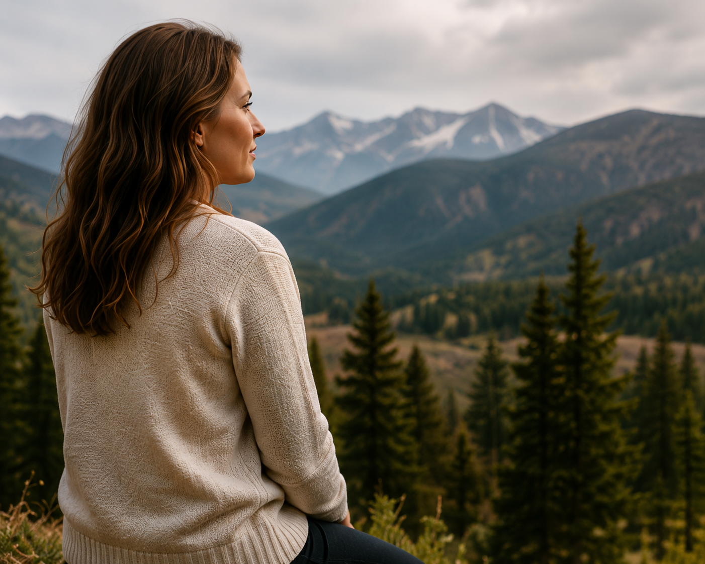 A woman with long wavy brown hair sitting outdoors on a mountain overlooking a forest and distant mountain peaks