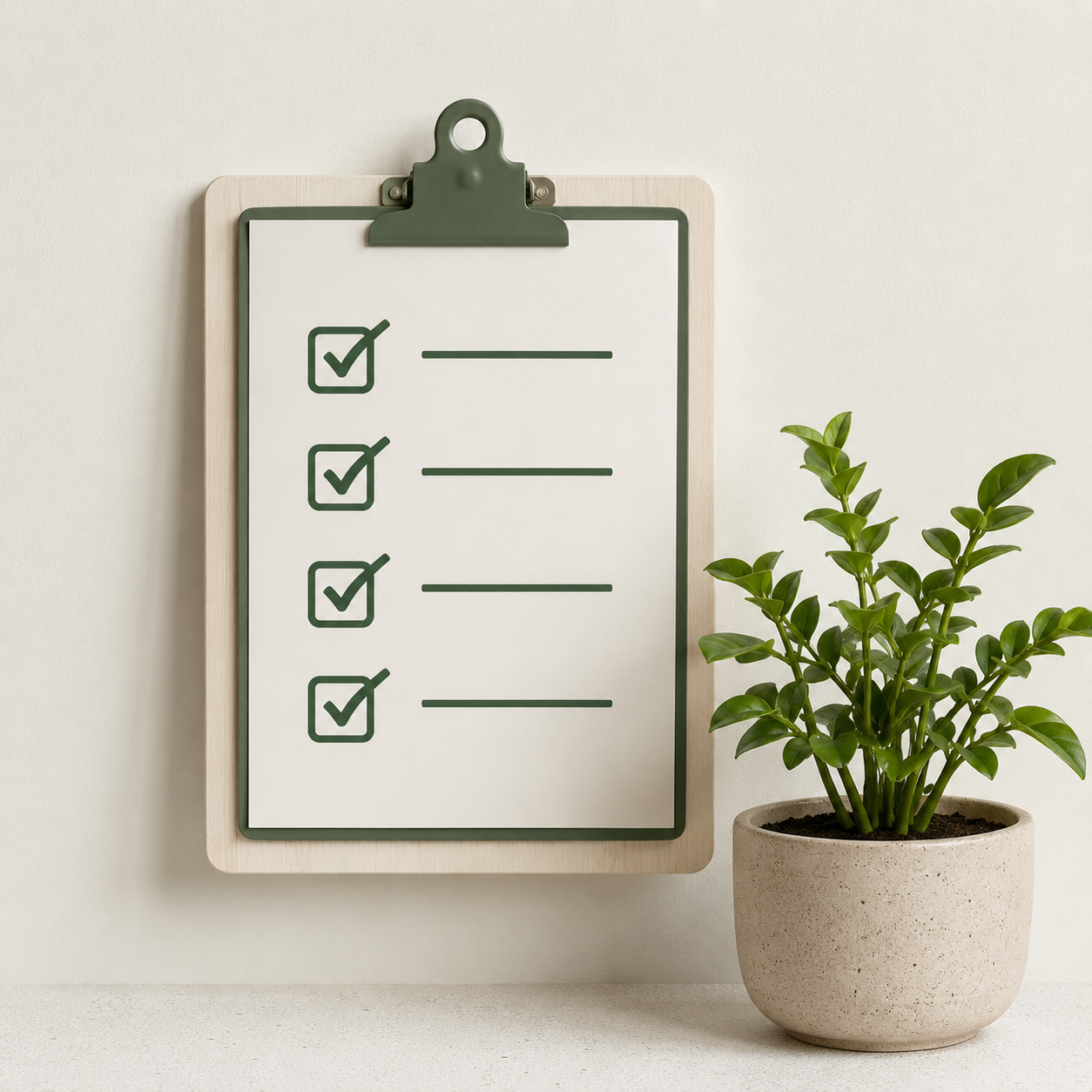 Checklist on a clipboard with four checked boxes next to blank lines, standing next to a potted green plant on a white surface.