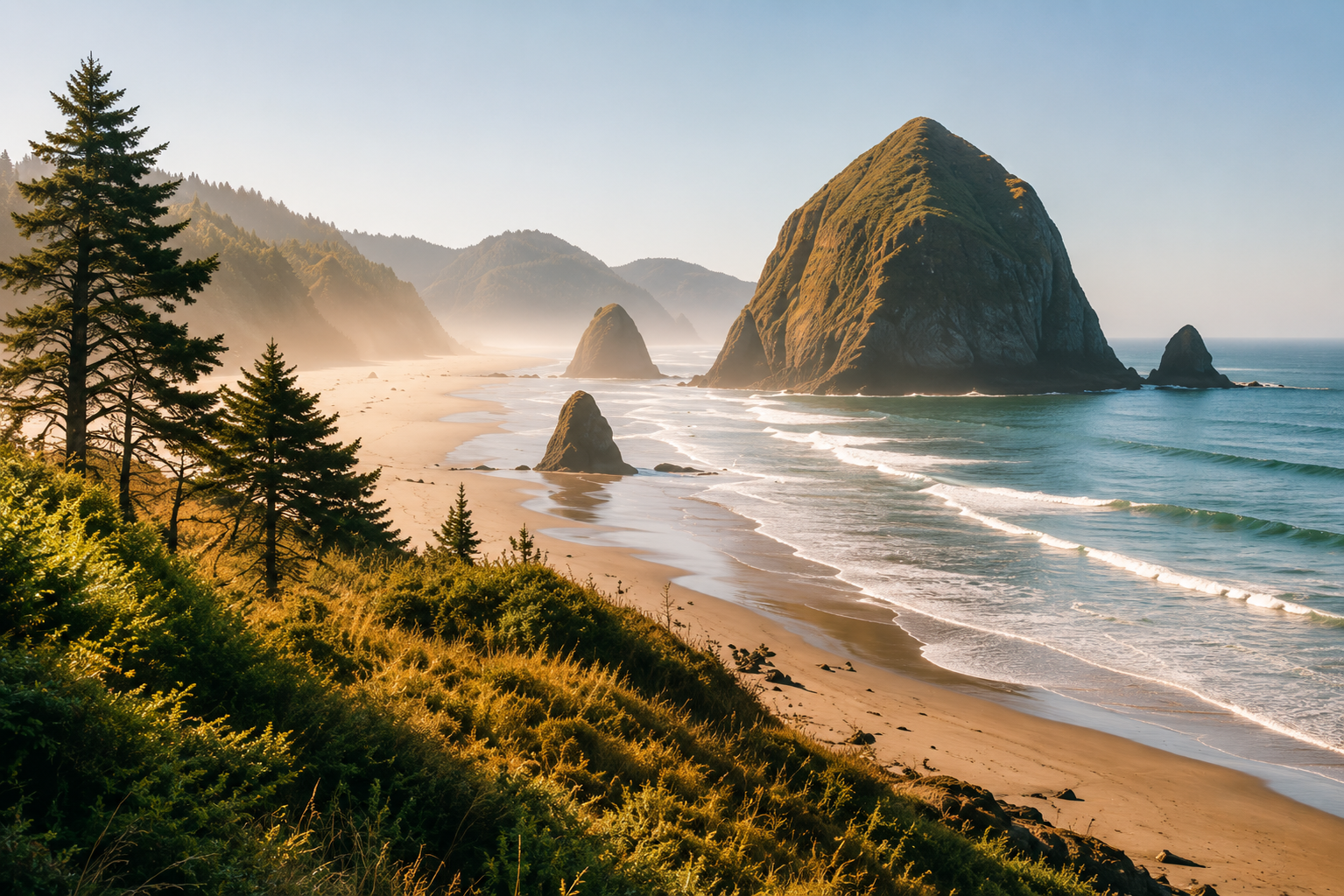 Coastal landscape with sandy beach, large sea stacks, pine trees, and hills in the background under a clear sky.