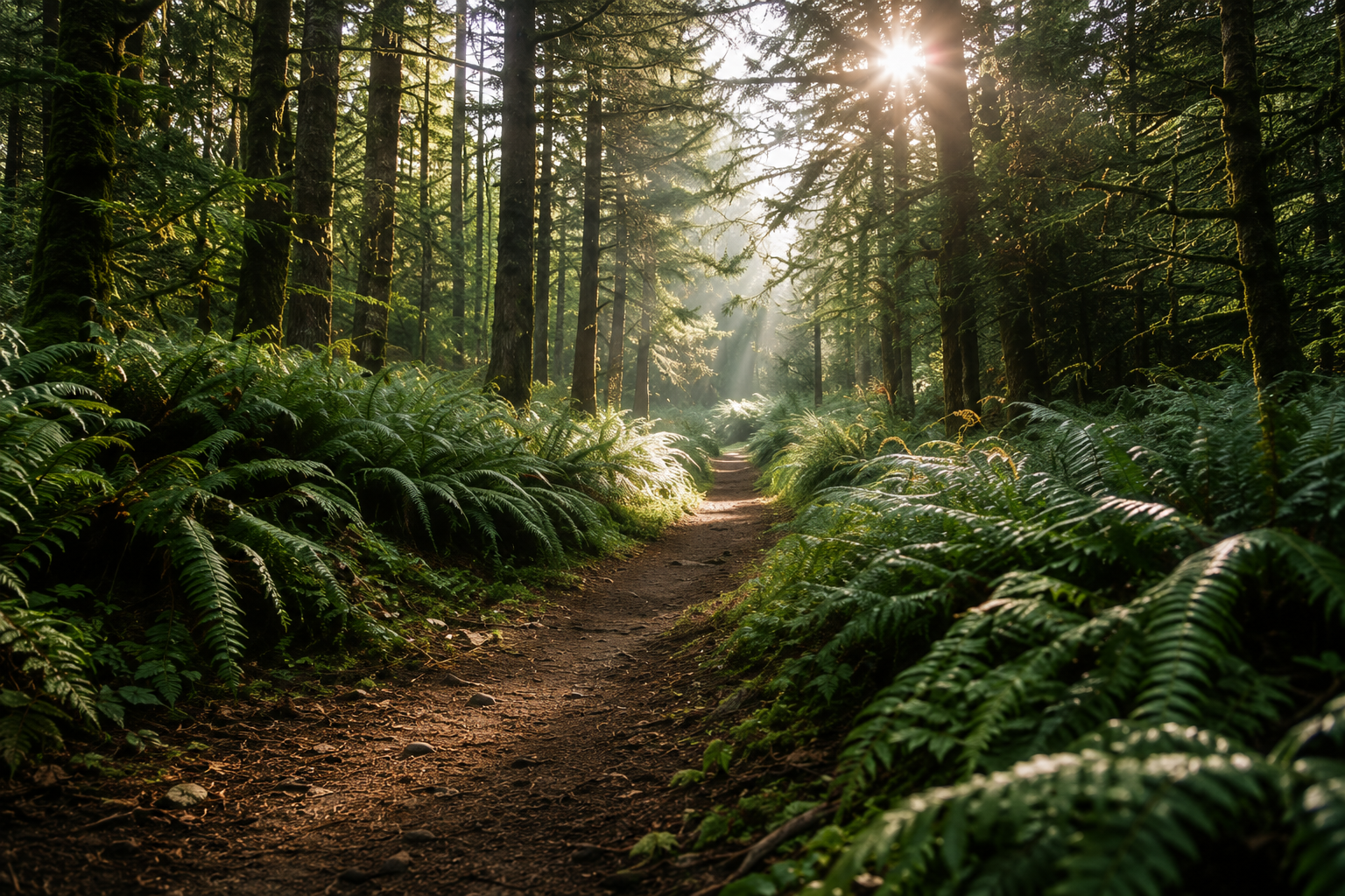 Sunlight coming through trees onto a dirt trail in a lush green forest.