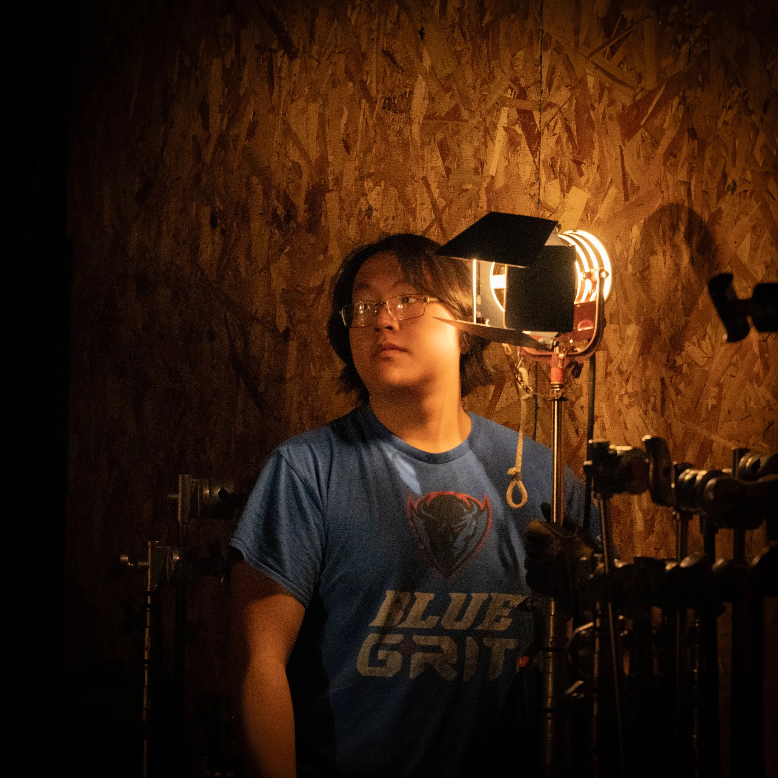 Simple lighting gets it done. The void scene is shot with two lights, a Leko directly overhead, giving an edge to the actor, plus a tungsten off to the side to give the key.