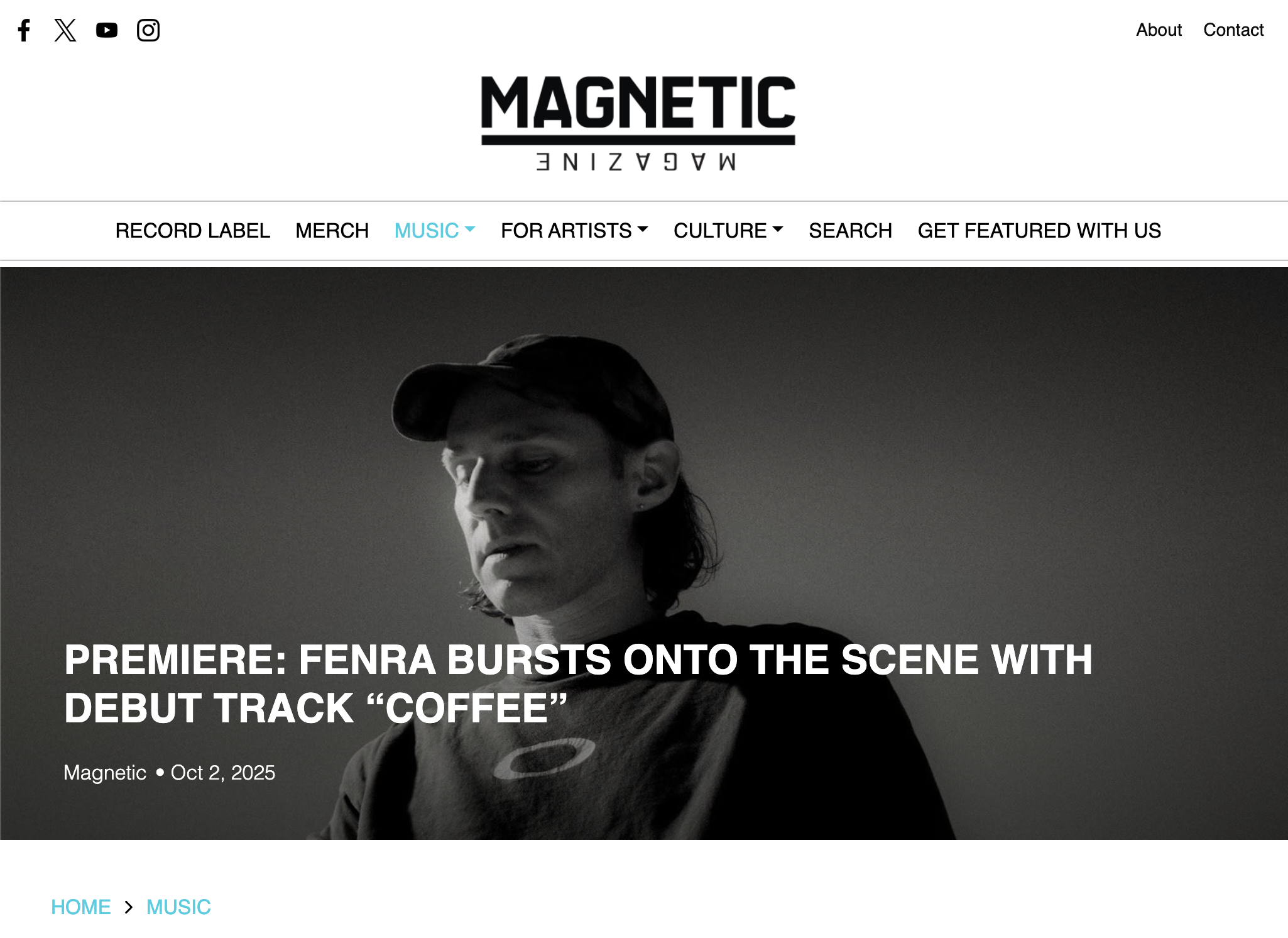 Webpage image of Magnetic Magazine showing electronic musician and producer, FNERA, standing in a photo studio standing in a dark, Oakley shirt and cap.