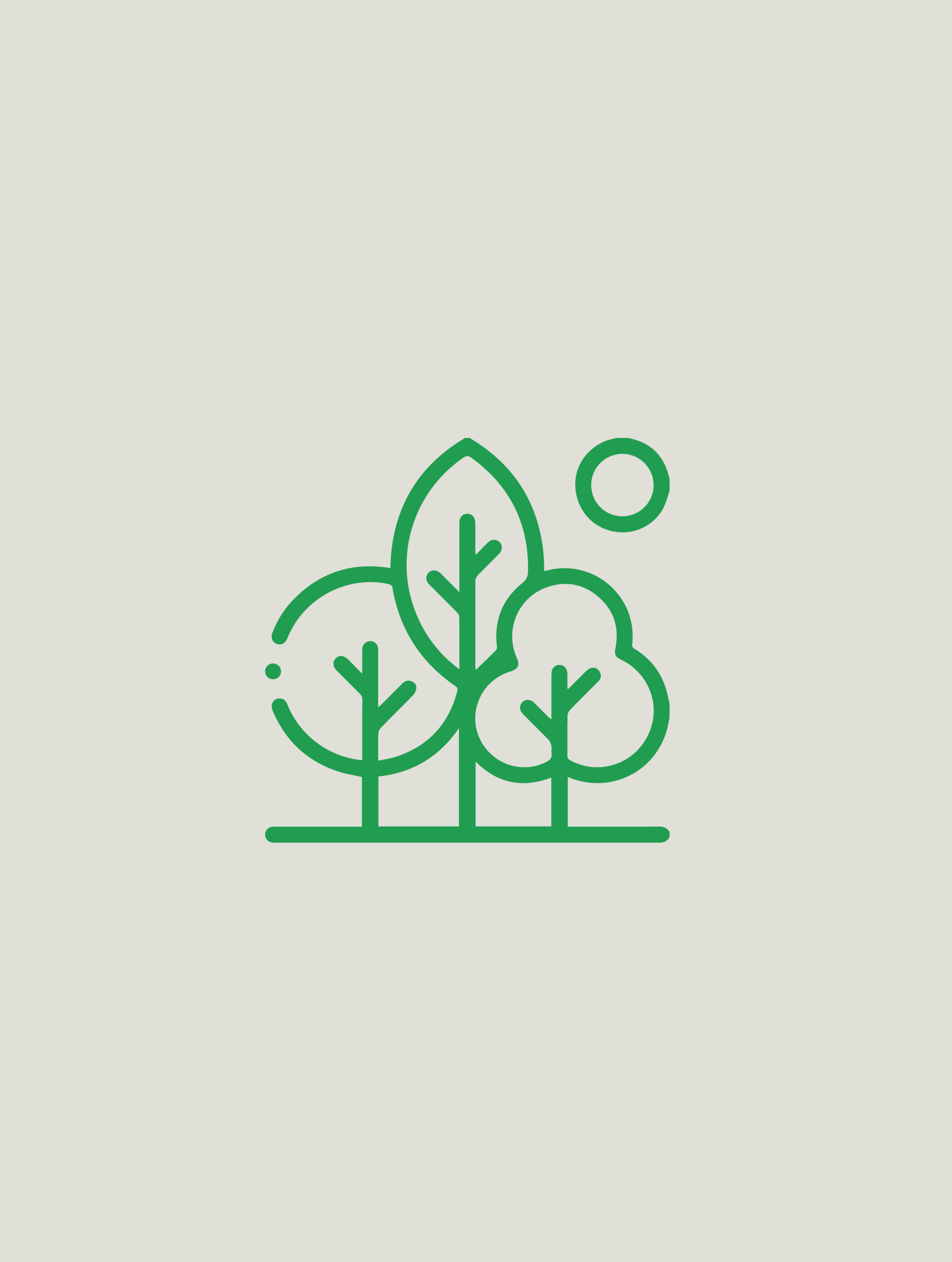 Ilustração de árvores verdes estilizadas com sol ao fundo.