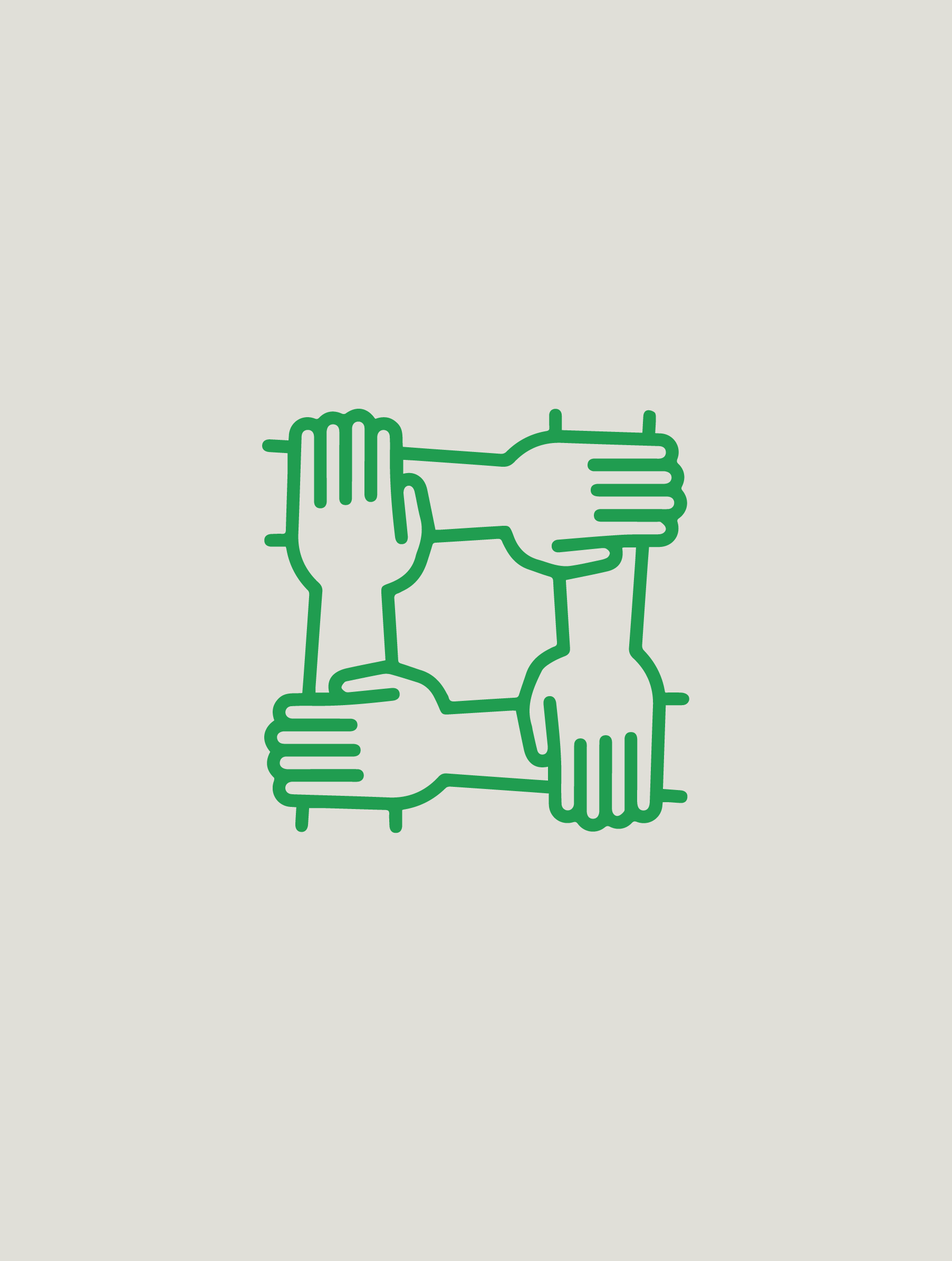 Ilustração de mãos conectadas formando um quadrado, simbolizando união e colaboração.