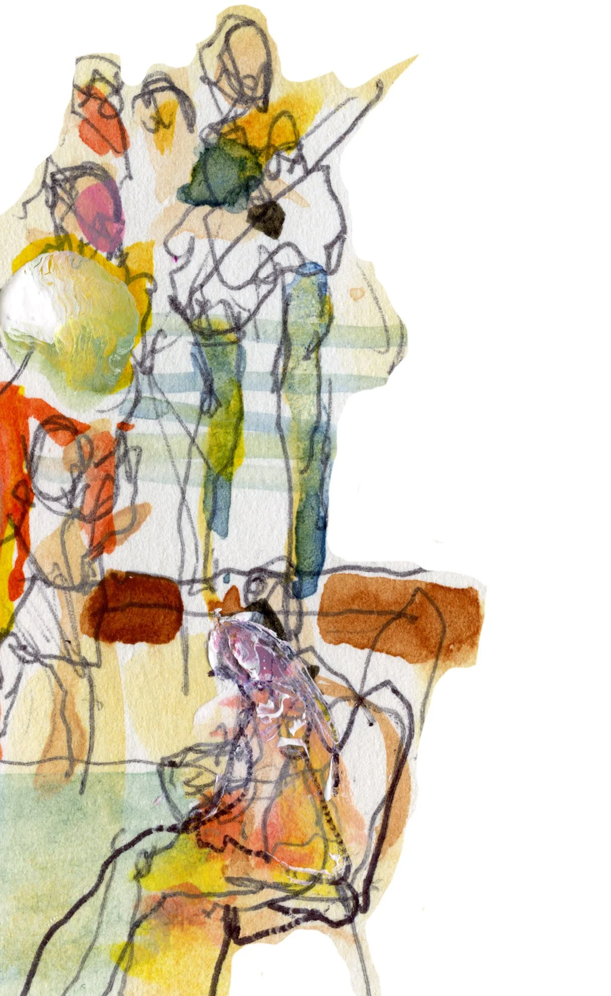 An abstract illustration of several people in various colors with sketchy lines, featuring a person standing, another sitting with a dog, and other figures in the background.