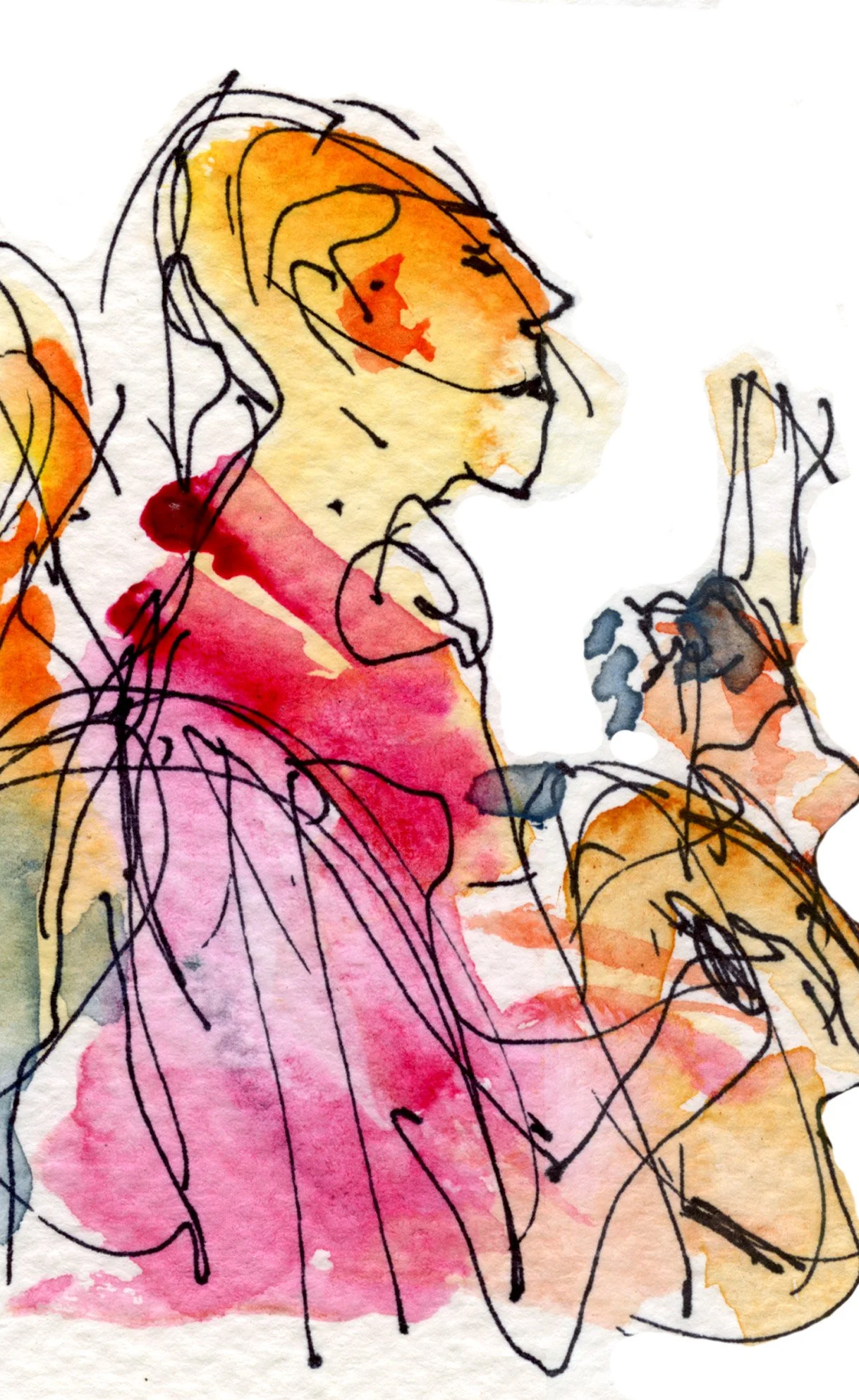 Watercolor illustration of a person playing guitar with loose black line drawing details.