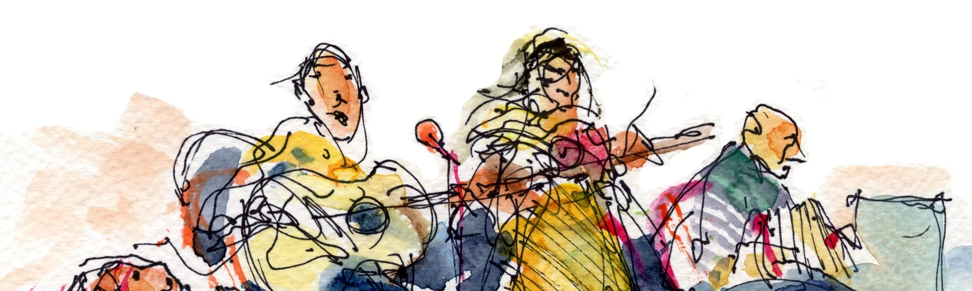 An artistic colorful sketch of three people playing music together.
