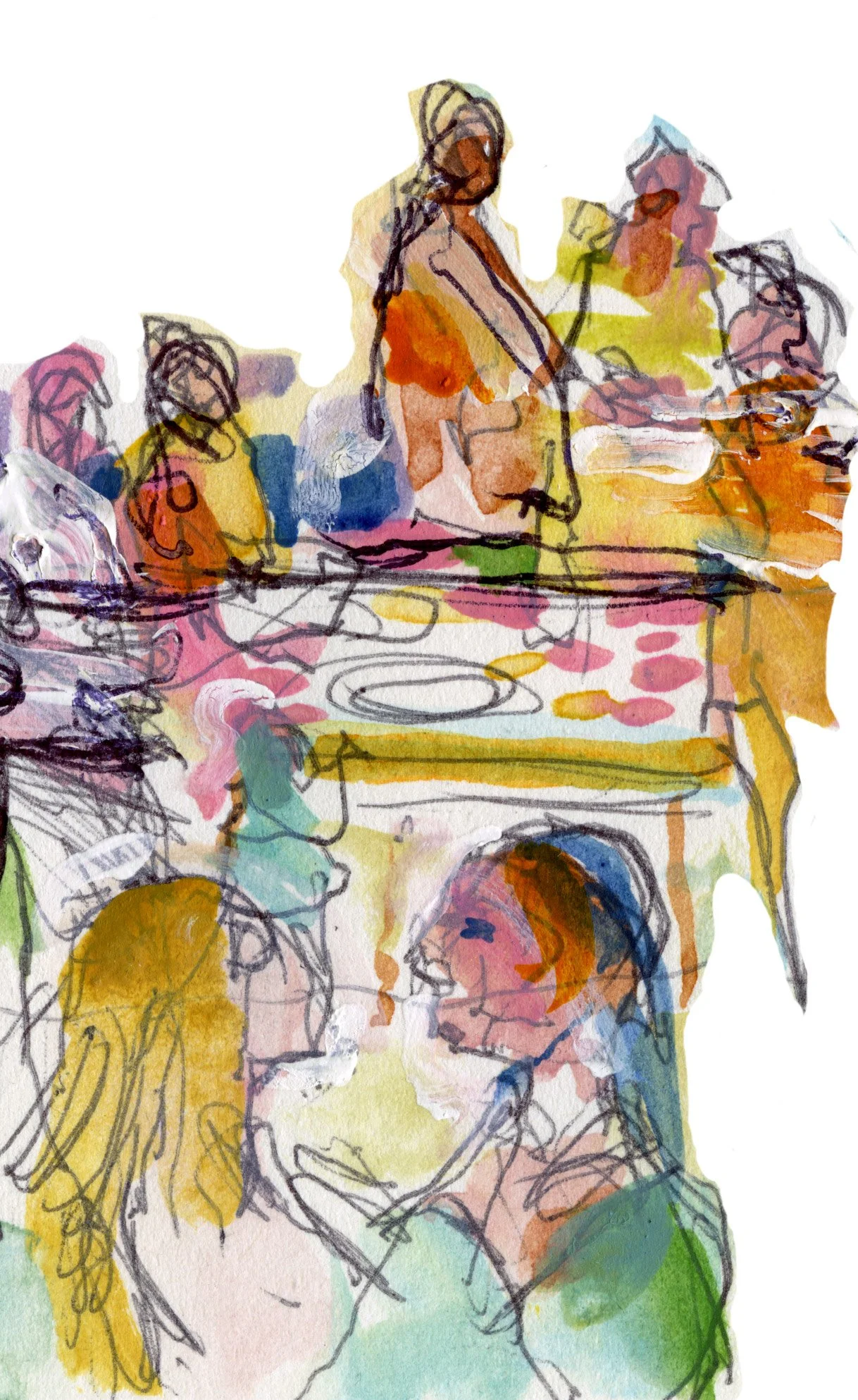 A colorful watercolor sketch of a group of people gathered around a table, engaging in conversation and activities.