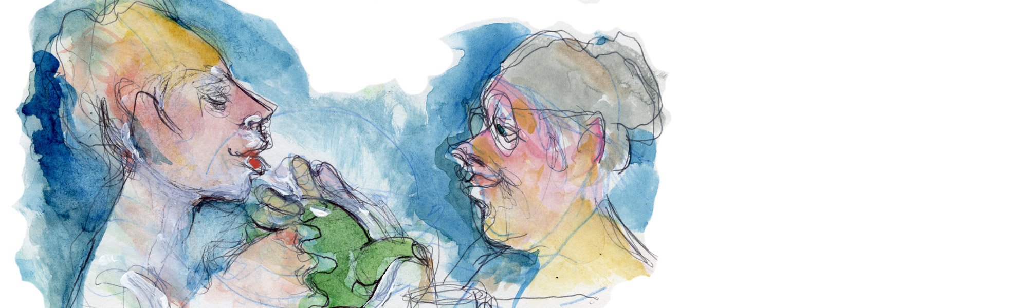 An abstract watercolor sketch of two people engaging in a close conversation, with one person holding a teapot.