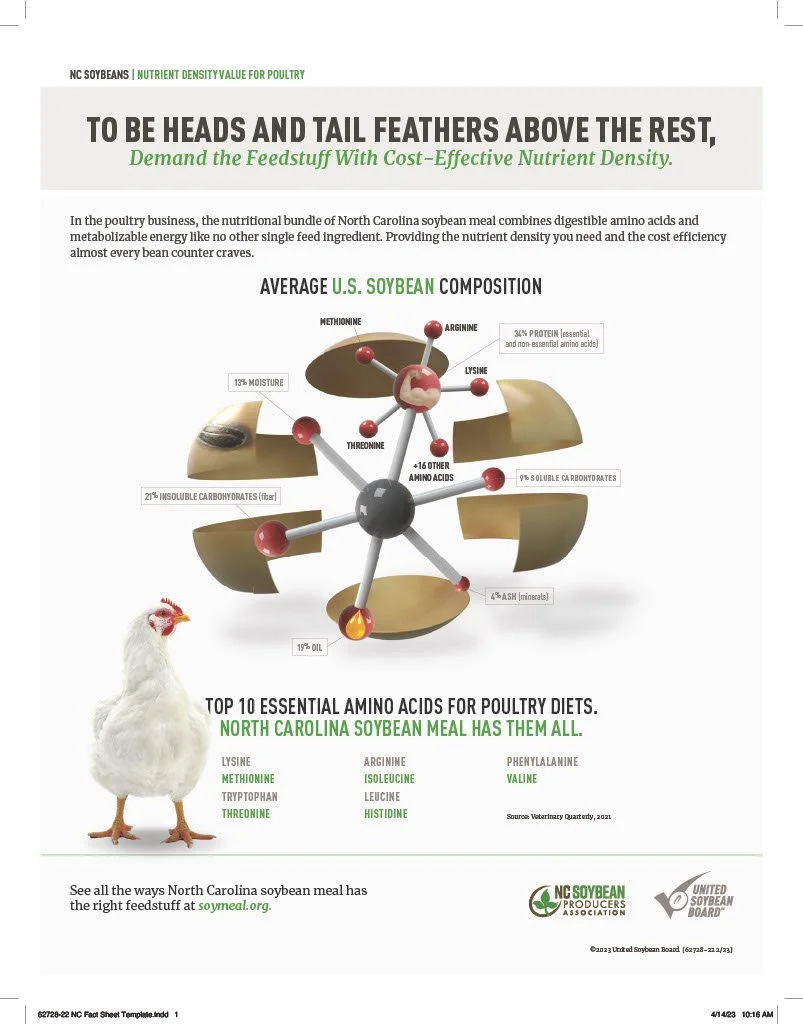 Infographic showing the average composition of U.S. soybeans, including amino acids, moisture, carbohydrates, oil, minerals, and ash, along with a picture of a chicken and a list of essential amino acids for poultry diets.
