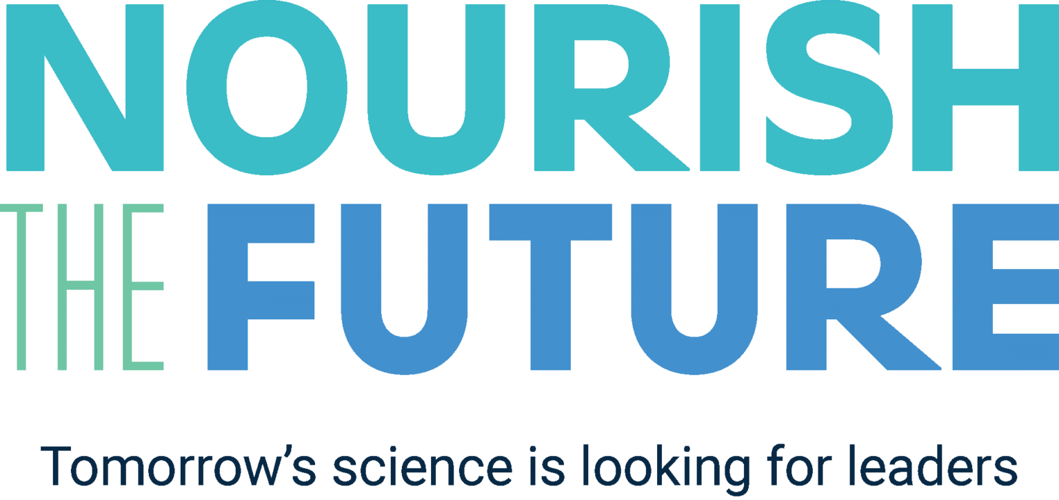 The image features a logo with the words 'NOURISH THE FUTURE' in large, gradient-colored letters, followed by the tagline 'Tomorrow's science is looking for leaders' in smaller, dark blue text.