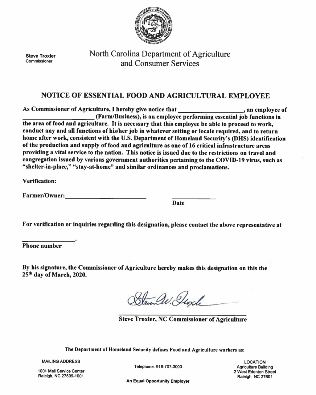 Essential Food & Agriculture Employee Form
