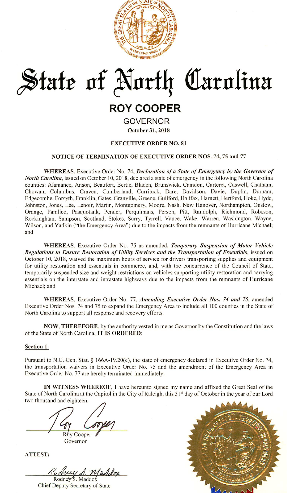 Michael Transportation Waiver Terminated, Florence Still Stands