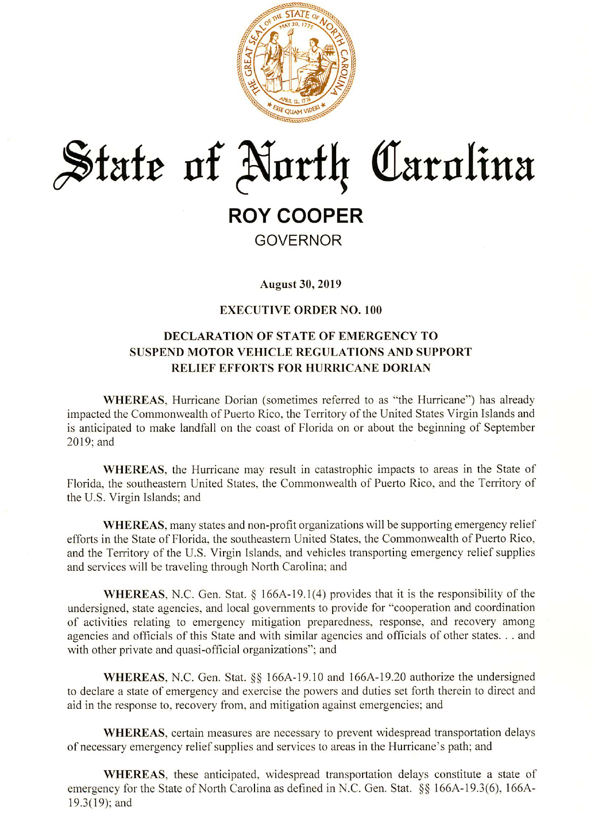 Executive Order No. 100 and Transportation Waivers for Hurricane Dorian