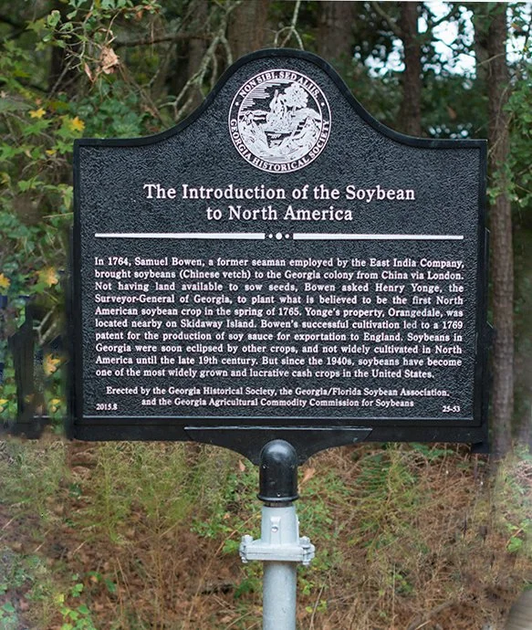 Historical marker about the introduction of soybean to North America, located in Georgia.