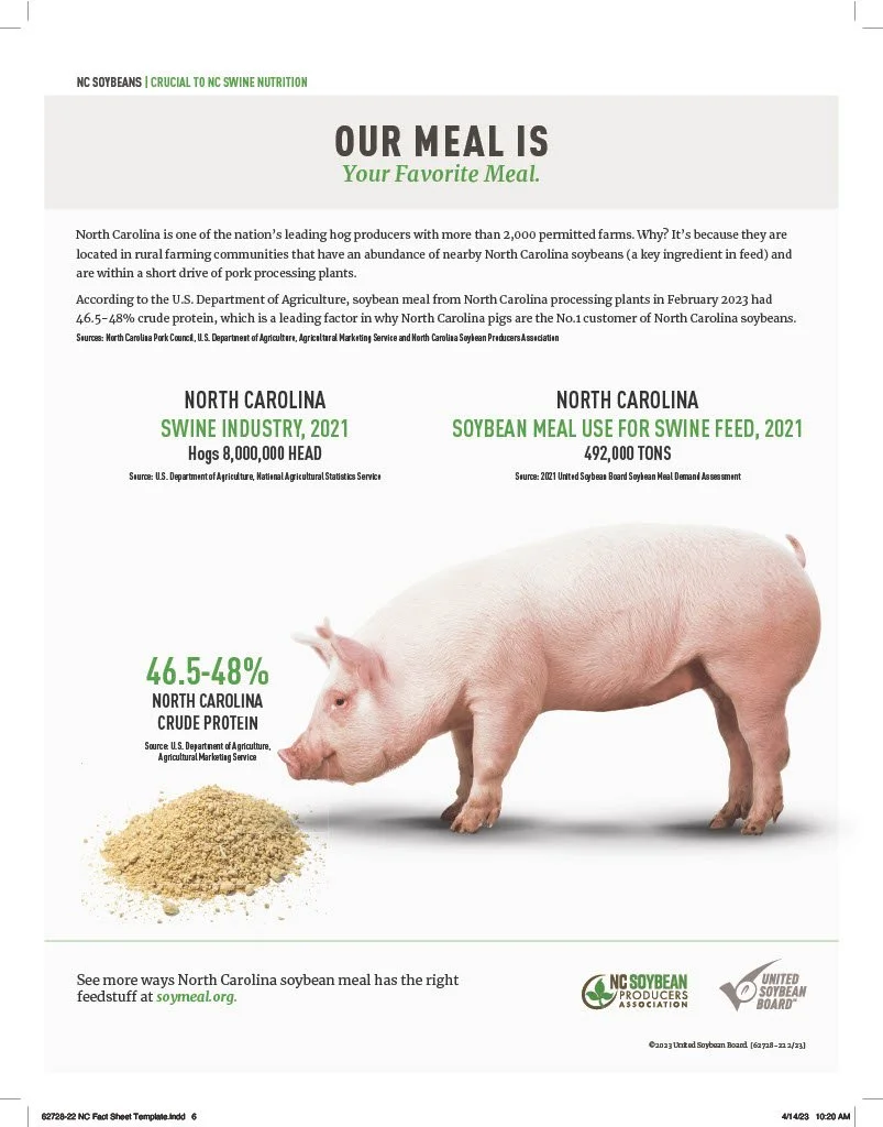 Infographic about North Carolina's soybean meal usage for swine feed in 2021, featuring an image of a pig, soybean meal, and statistics on swine industry and soybean meal consumption.