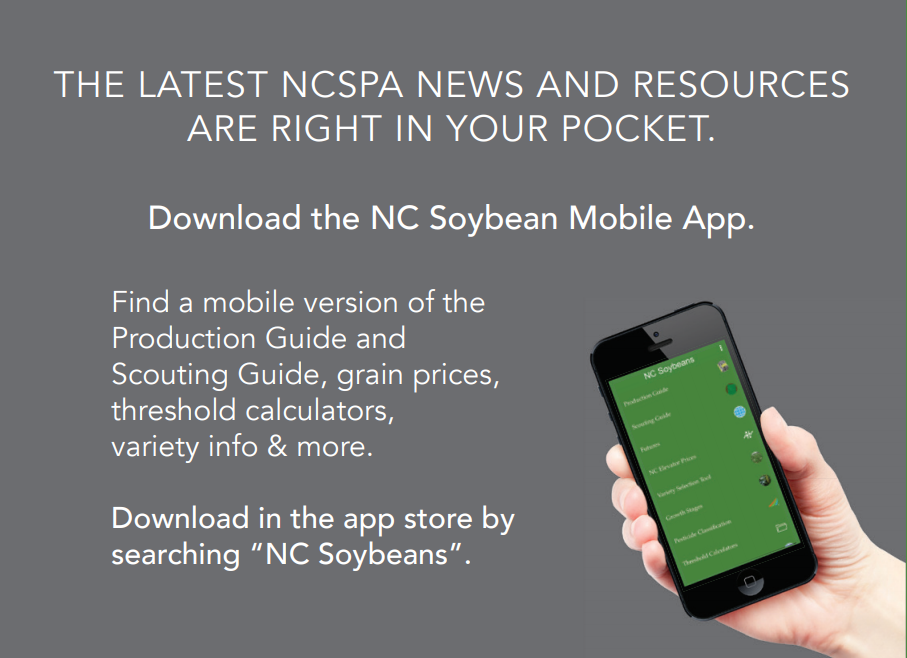 Promotional graphic for the NC Soybean Mobile App, featuring a hand holding a smartphone displaying the app's green interface.