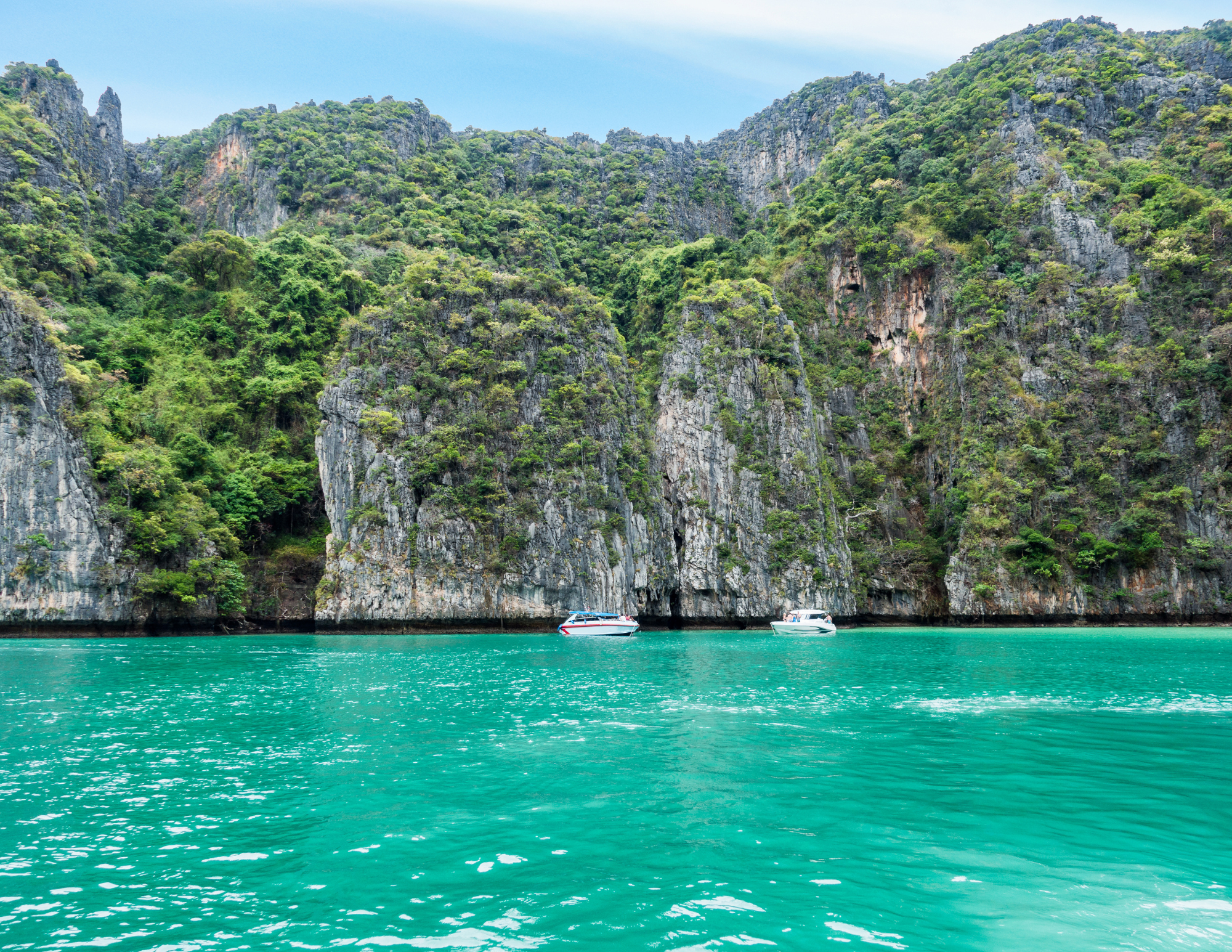 Two small boats floating on turquoise water near high green cliffs with sparse trees and rocks.