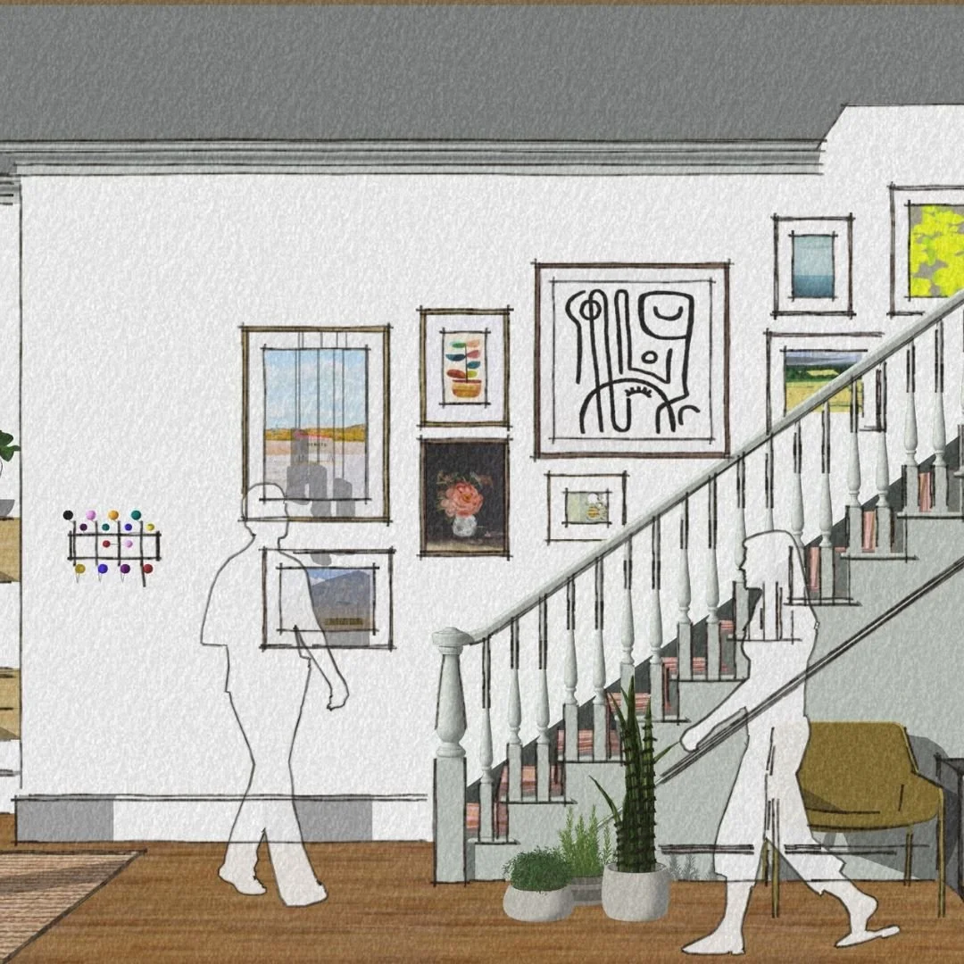 A rendering for a foyer and stair wall for a young family in Hendersonville. This art gallery wall was installed by the talented team at @belueridge !