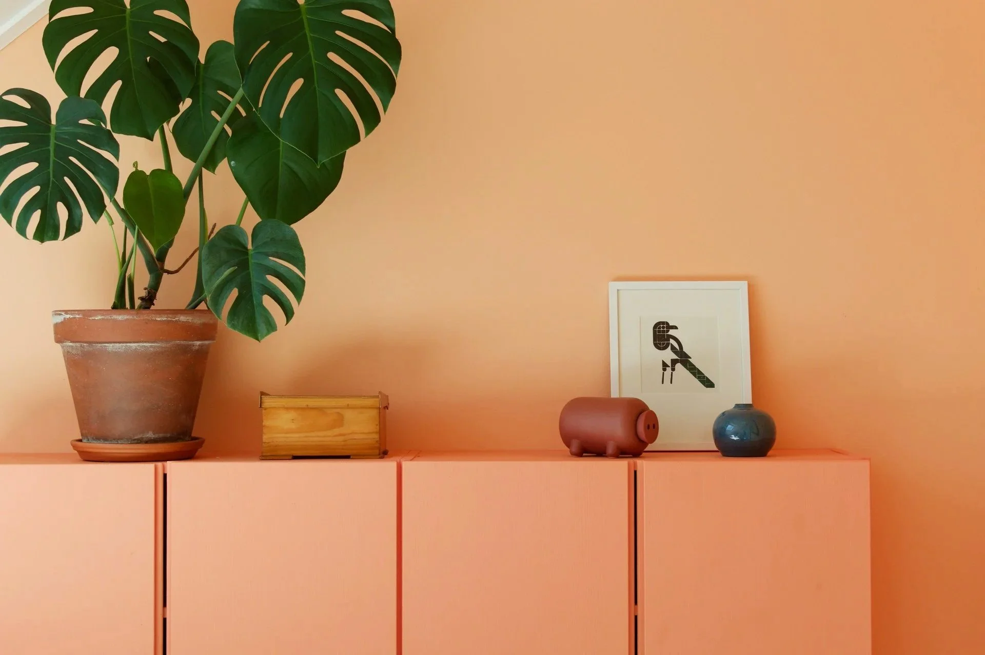 Decorative interior on a pink cabinet wall featuring a large potted monstera plant, a small wooden box, a pig-shaped container, a framed abstract bird art, and a dark blue ceramic vase against a peach-colored wall.