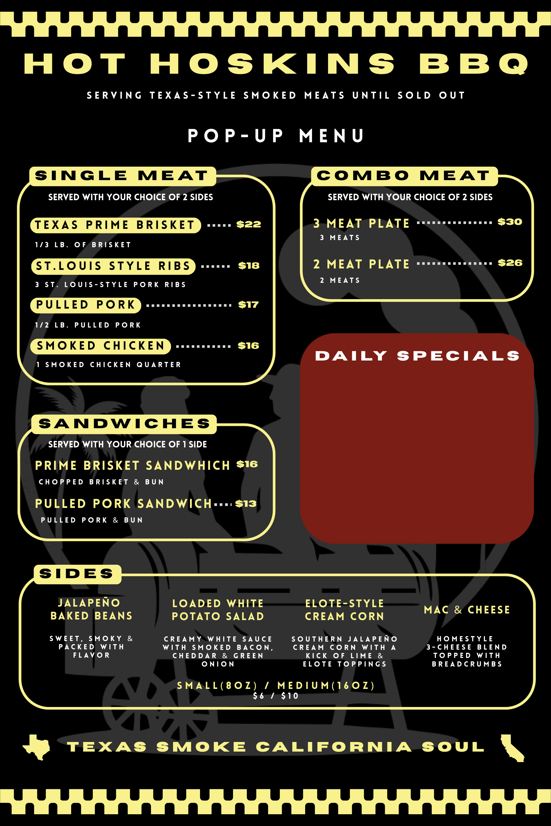 Menu for Hot Hoskins BBQ featuring Texas-style smoked meats, sandwiches, sides, and daily specials. Includes options for single and combo meats, with prices listed, and sides like baked beans, potato salad, cream corn, and mac and cheese.