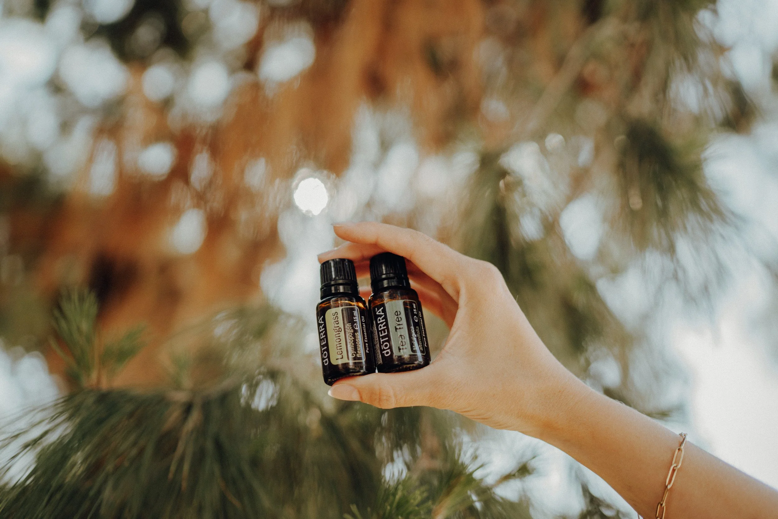 Hand hält zwei ätherische Öle vor einem Baum mit grünen Nadeln.