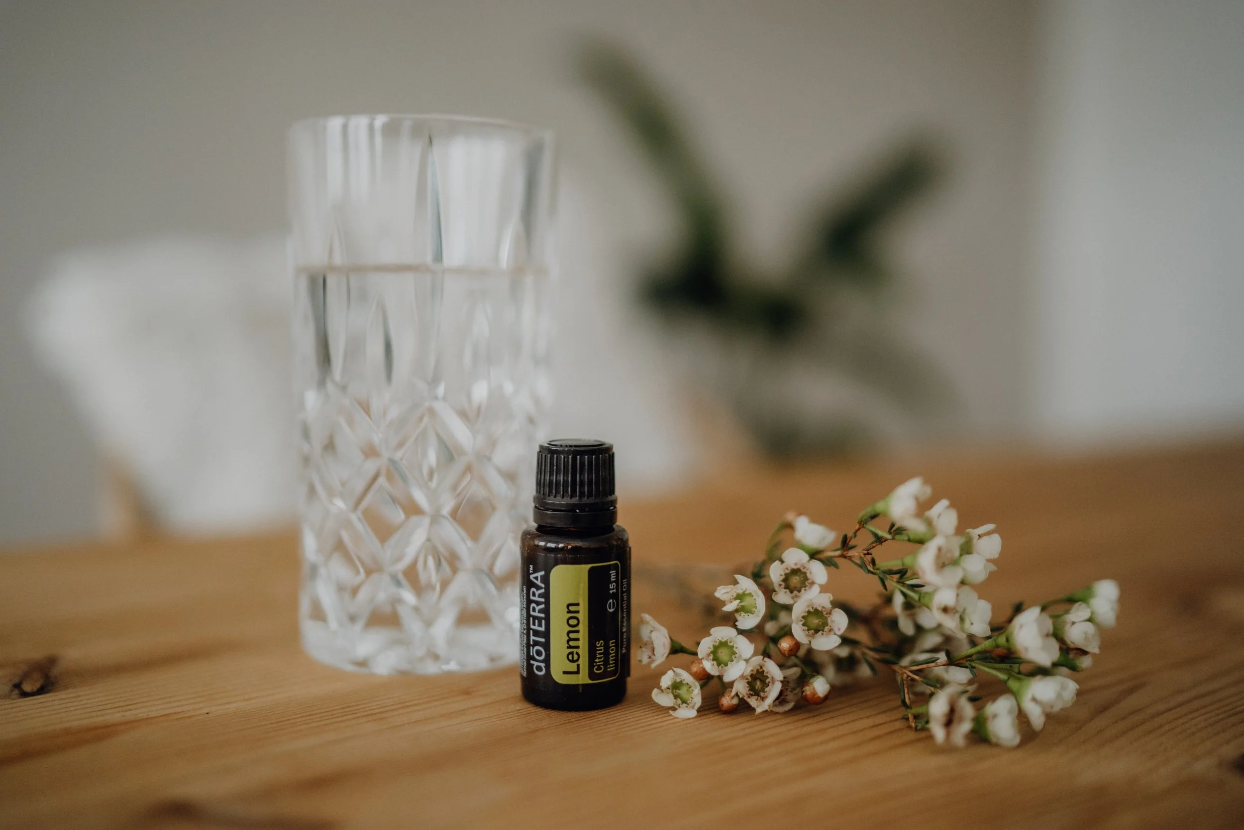 Kleine Flasche ätherischem Zitronenöl neben weißen Blümchen auf Holzoberfläche, im Hintergrund eine Kristallvase.