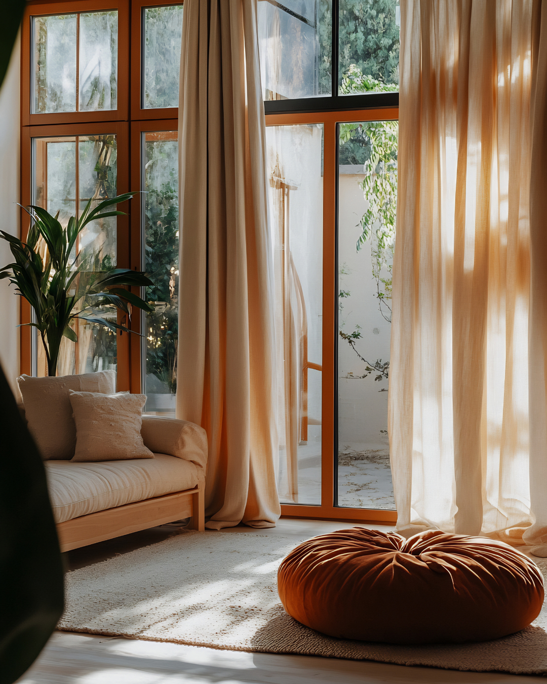 Gemütliches Wohnzimmer mit großen Fenstern, halbtransparenten Vorhängen, einem Sofa mit Kissen, einer großen Zimmerpflanze, einem weichen runden Kissen auf einem Teppich und einem Blick auf einen Garten im Hintergrund.
