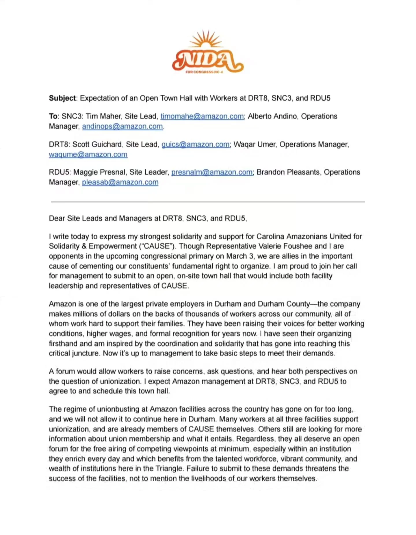 One thing our elected representatives can agree on? Amazon workers deserve honest, transparent conversations about their right to unionize.

Thank you to Durham County Commissioner @nidaallam for sending a letter to managers at three local Amazon sit