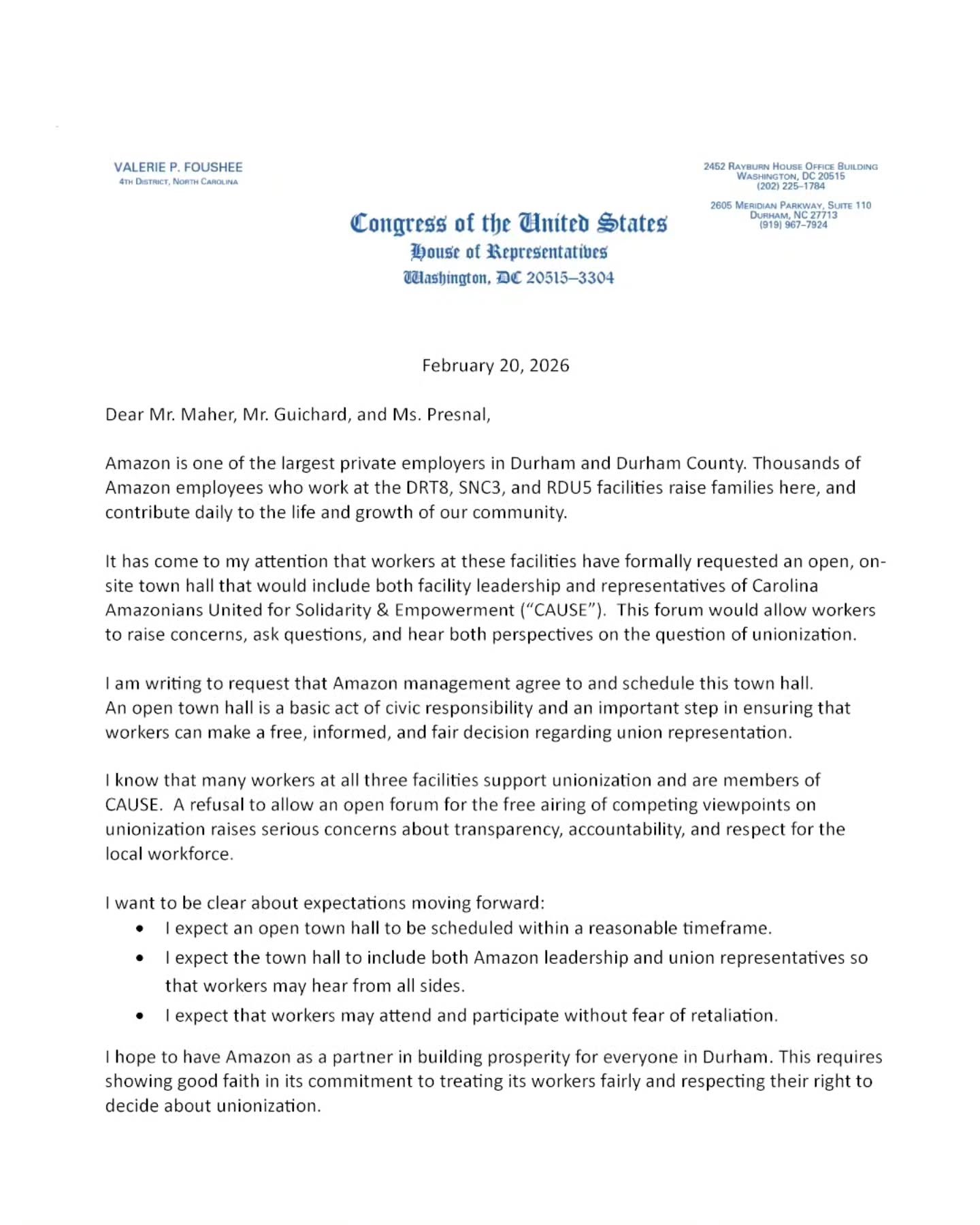 BREAKING: Our NC Congresswoman @repvaleriefoushee just sent a letter to DRT8, RDU5, and SNC3 supporting&nbsp;worker rights at Amazon!

On February 7th, we&nbsp;at CAUSE, the Amazon workers of North Carolina, put forth a simple ask: stop&nbsp;firing o