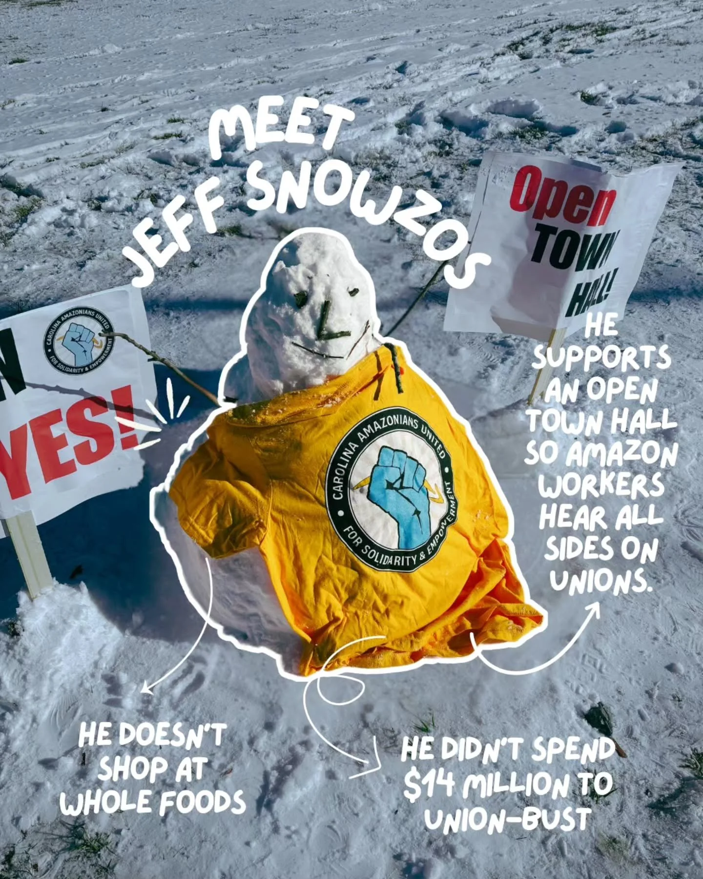 Jeff Snowzos will show up on February 7 to say no to union-busting and support Durham Amazon workers' call for an open and transparent town hall. Be like Jeff Snowzos.

Rally sign up link in bio.

Date: 7 February 2026
Time: 11 am
Meeting location: 1