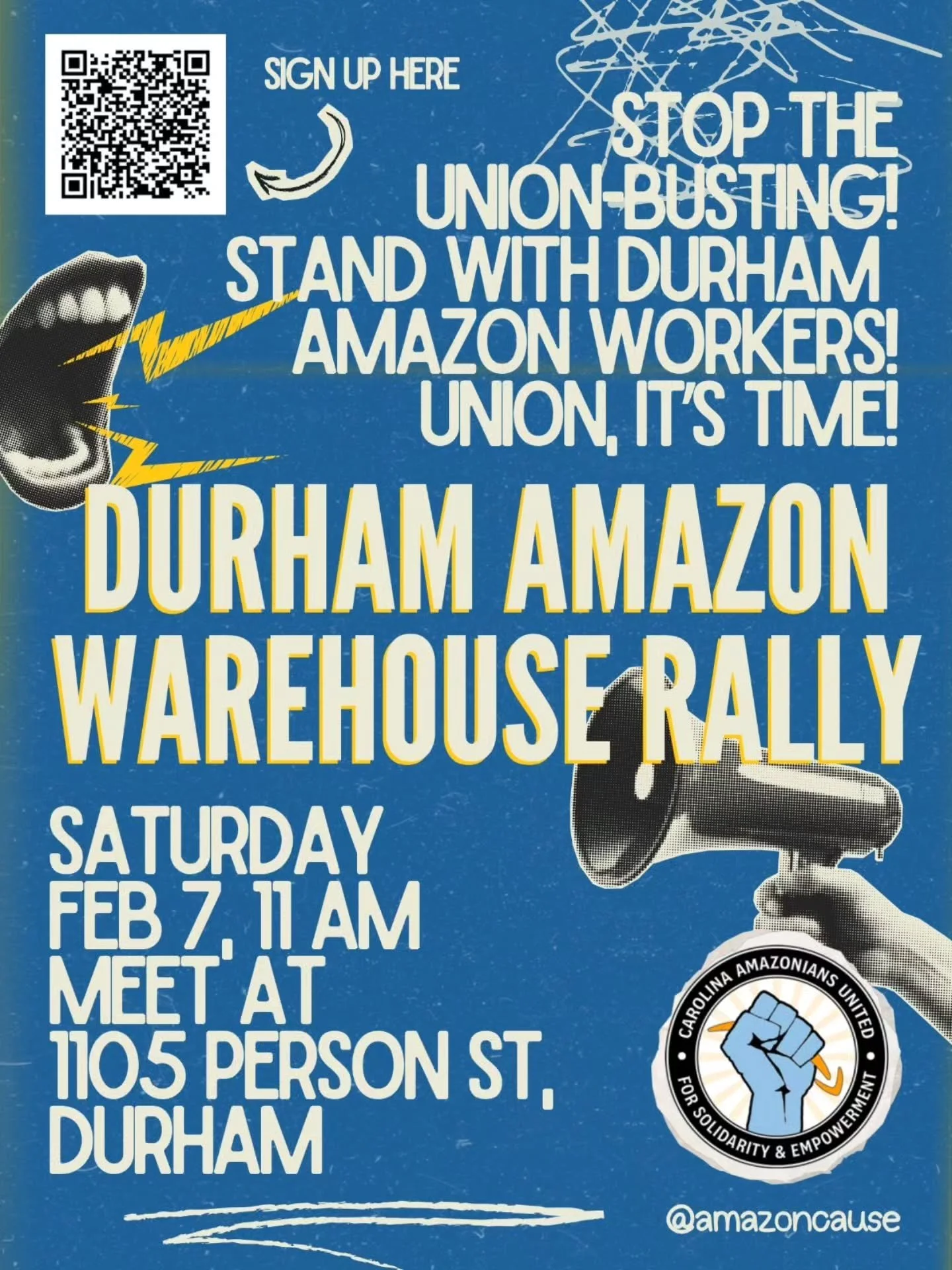 SIGN UP LINK IN BIO | Since launching our Durham campaign, Amazon has bombarded workers with anti-union propaganda in an attempt to silence their voices.

On February 7, Amazon workers and our supporters are taking to the street in front of the wareh