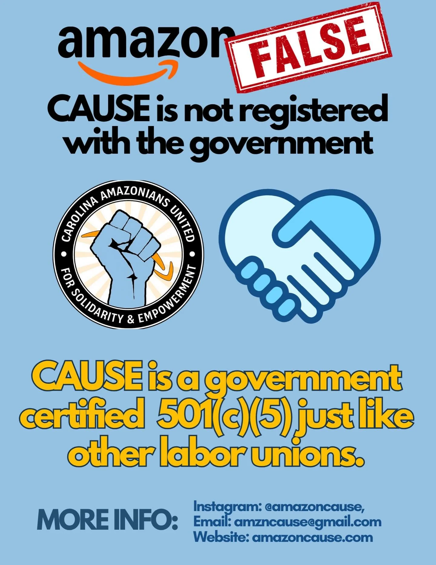 You have heard from Amazon that we aren&rsquo;t certified that we have no legal standing. It&rsquo;s not true. We&rsquo;ve done everything by the book. CAUSE is officially registered and is a government-certified 501(c)(5) organization, just like oth